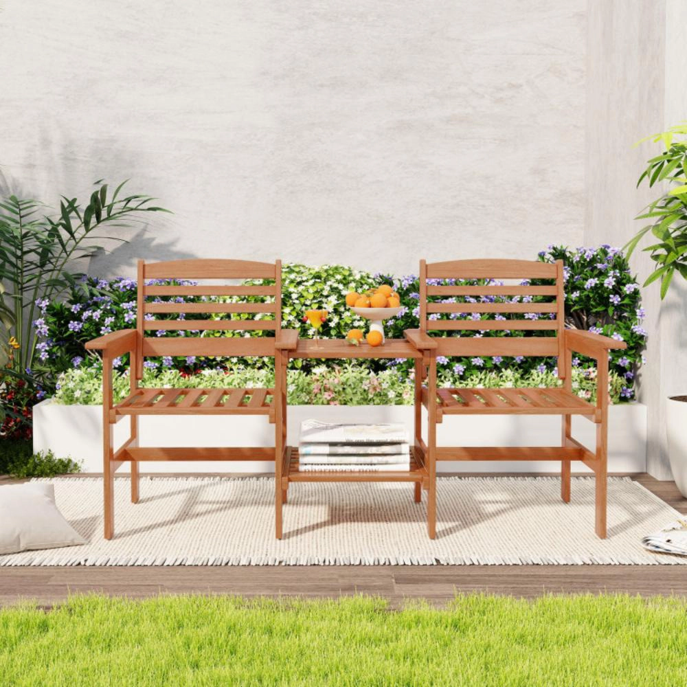 Hivvago Outdoor Patio Wood 2-Seat Conversation Set With Coffee Table And Umbrella Hole