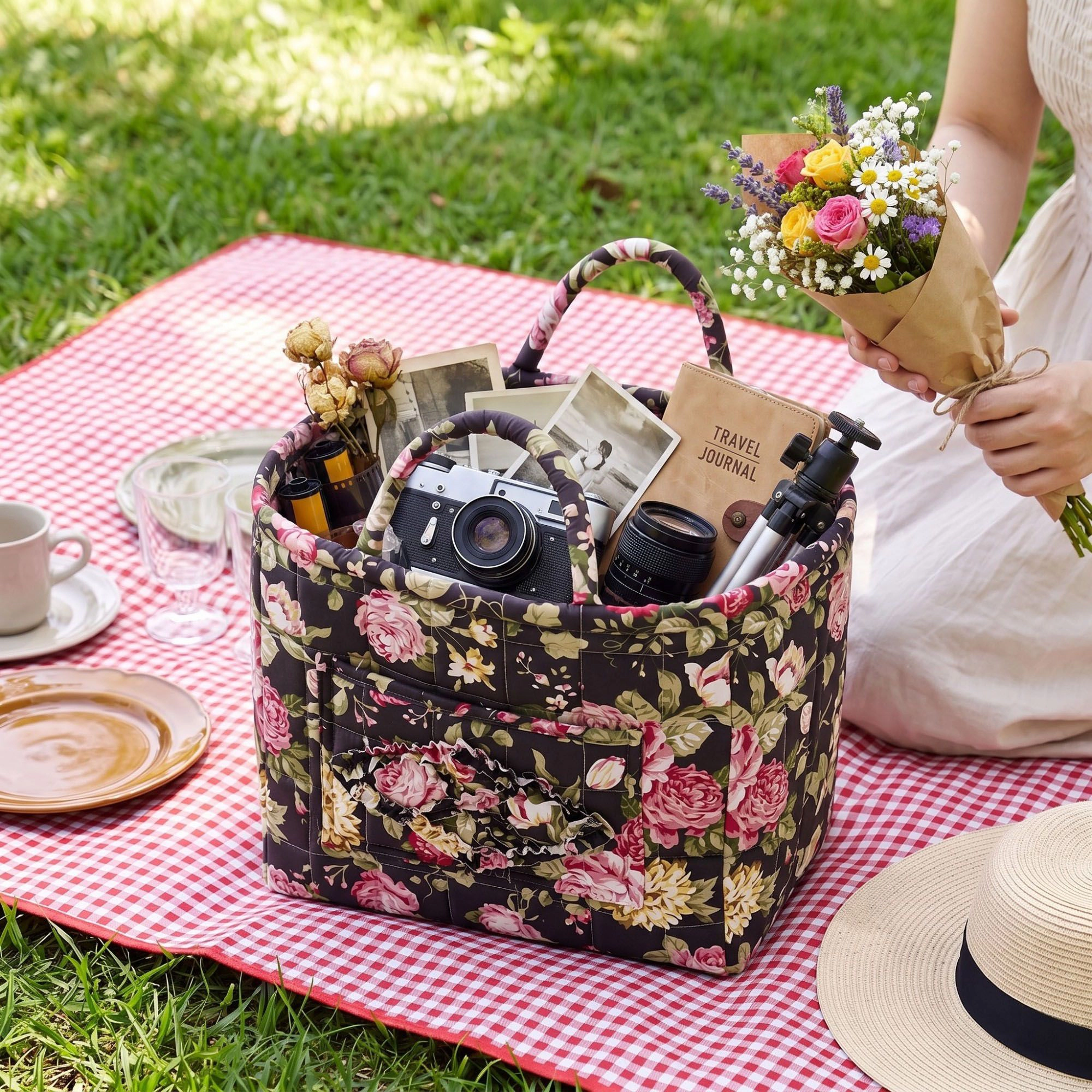 Alilang Unisex Quilted Floral Storage Basket with Handles and Front Pocket