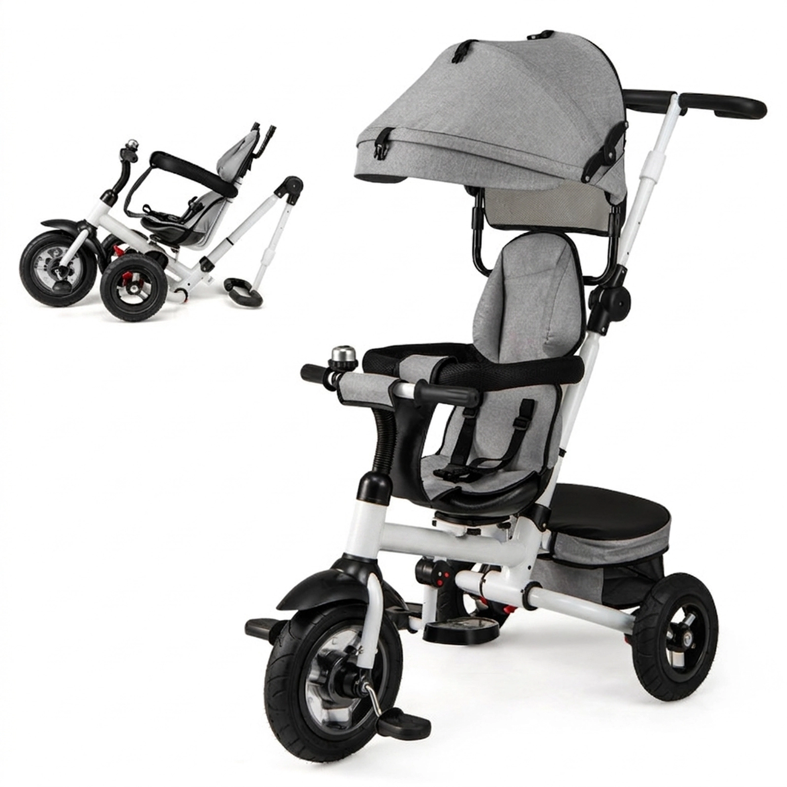 SUGIFT Gray 5-Mode Folding Toddler Tricycle, Reversible Seat, 3-Height Push Handle