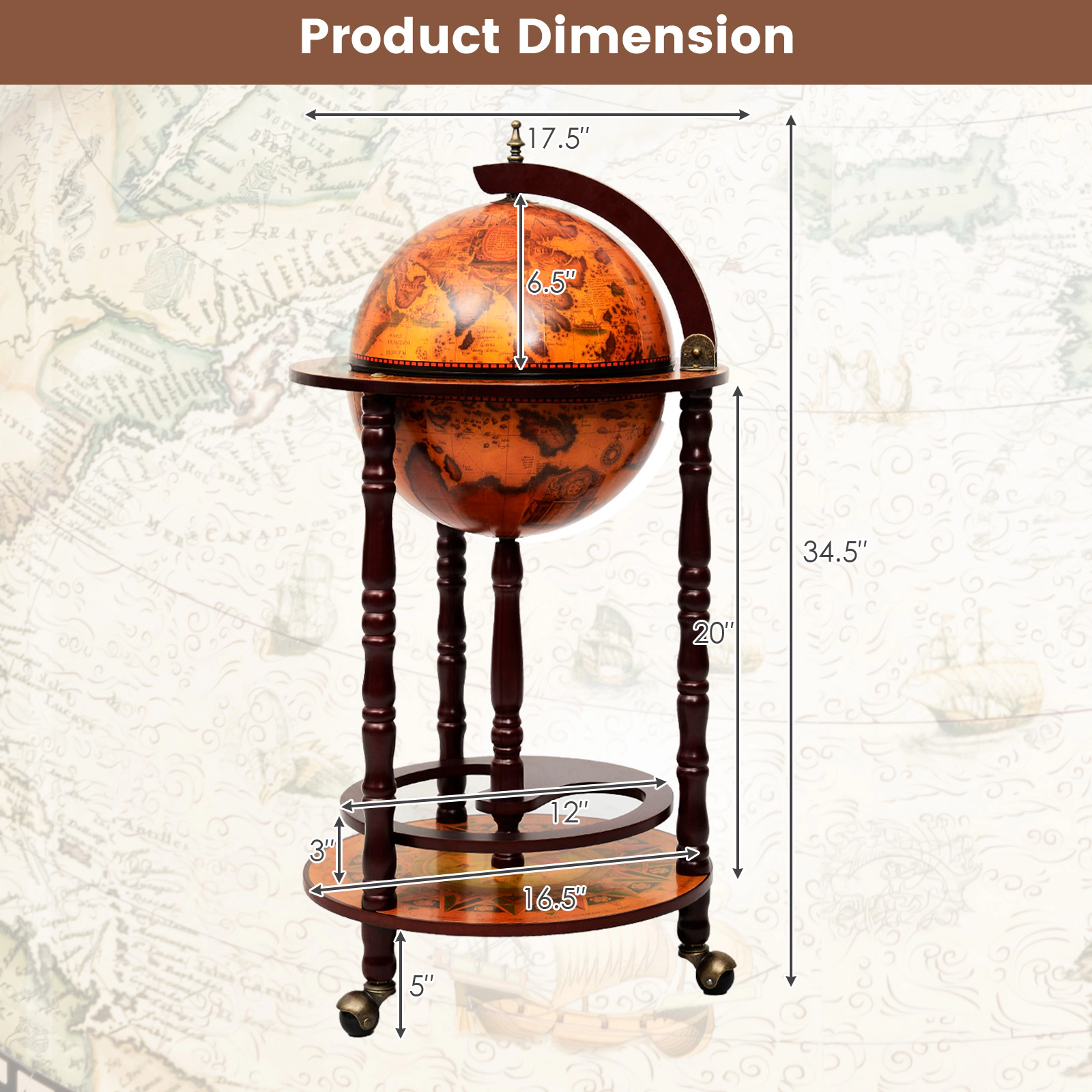 SUGIFT 16th Century Wood Plastic Globe Wine Bar Stand 36-in Tall 17-in Wide Wood Plastic Single Piece