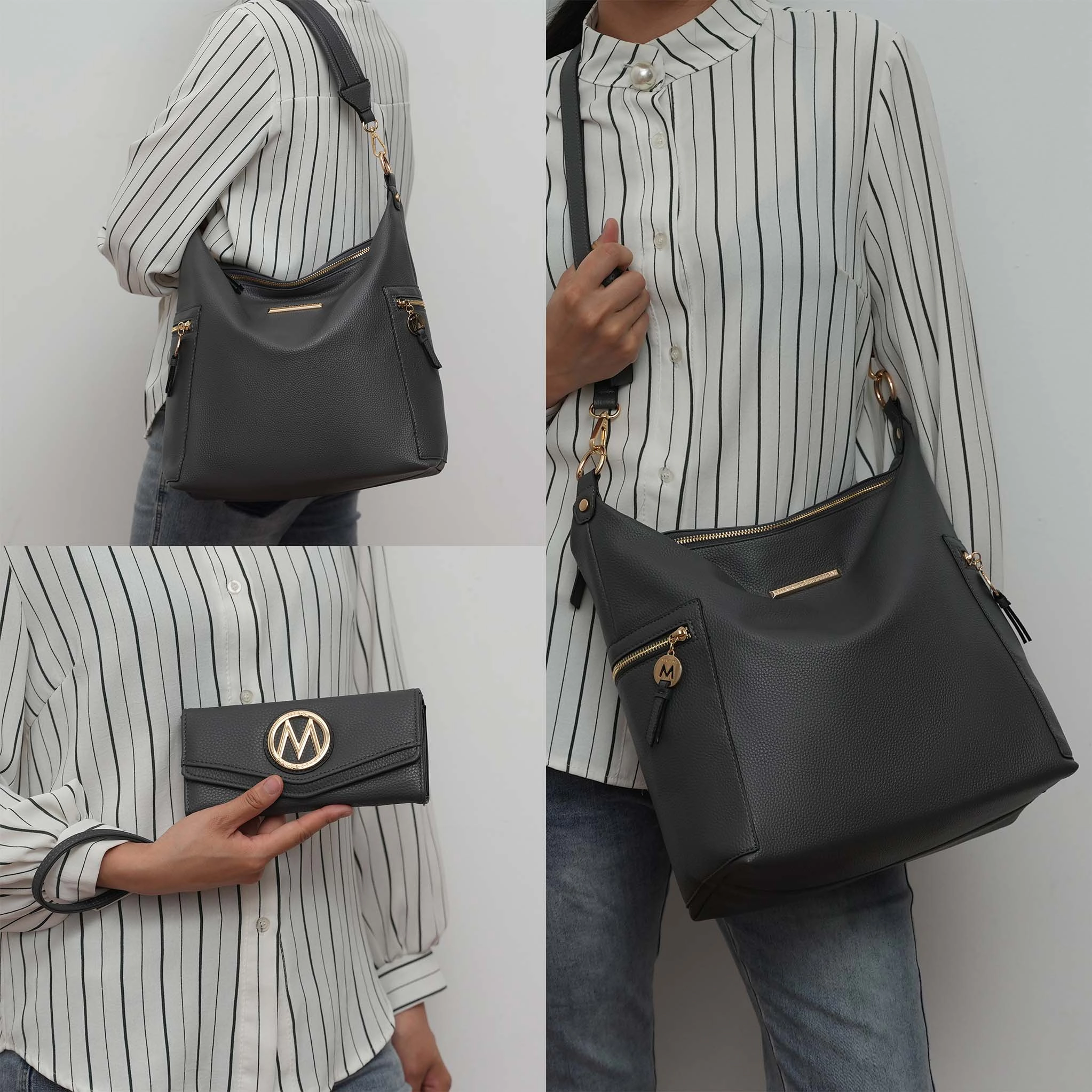 Mia K Collection Ophelia Pebbled Vegan Leather Hobo Bag with Matching Wallet