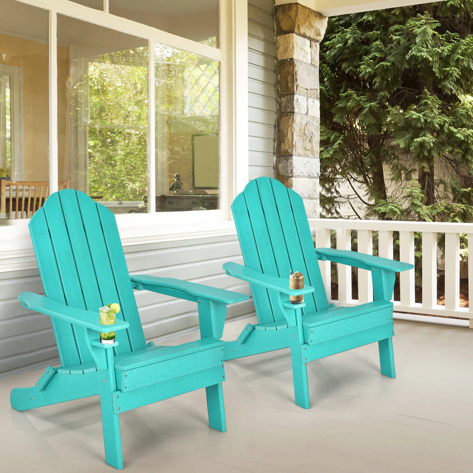 SUGIFT 330-lb Capacity Turquoise Fade Resistant PE Folding Adirondack Chair with Built-in Cup Holder