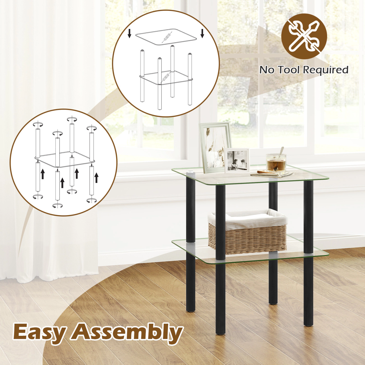 Glintex Square 2-Tier Clear Glass End Table with Solid Rubber Wood Legs