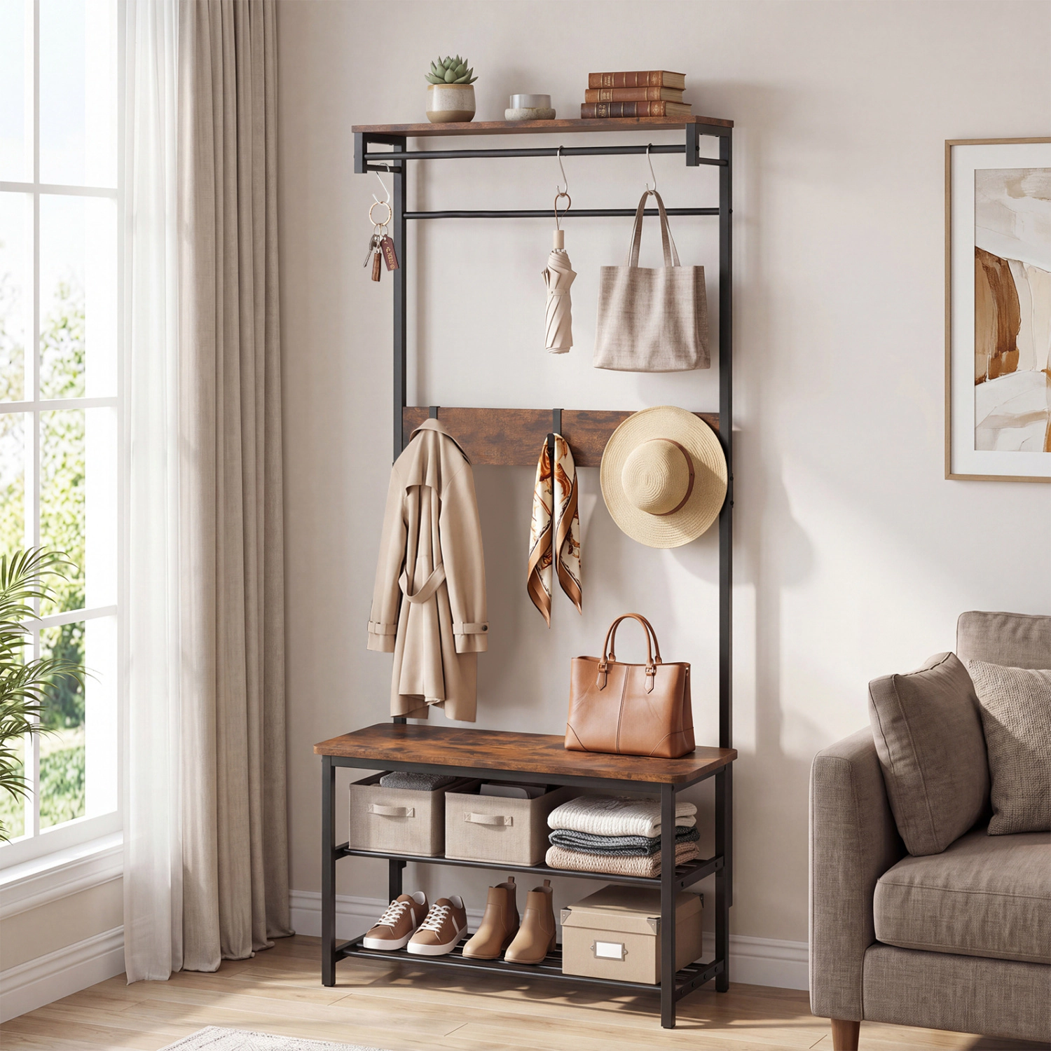 SUGIFT 4-in-1 Hall Tree Coat Rack with Shoe Bench and Removable Hooks 220-lb Bench Capacity Rustic Brown + Black