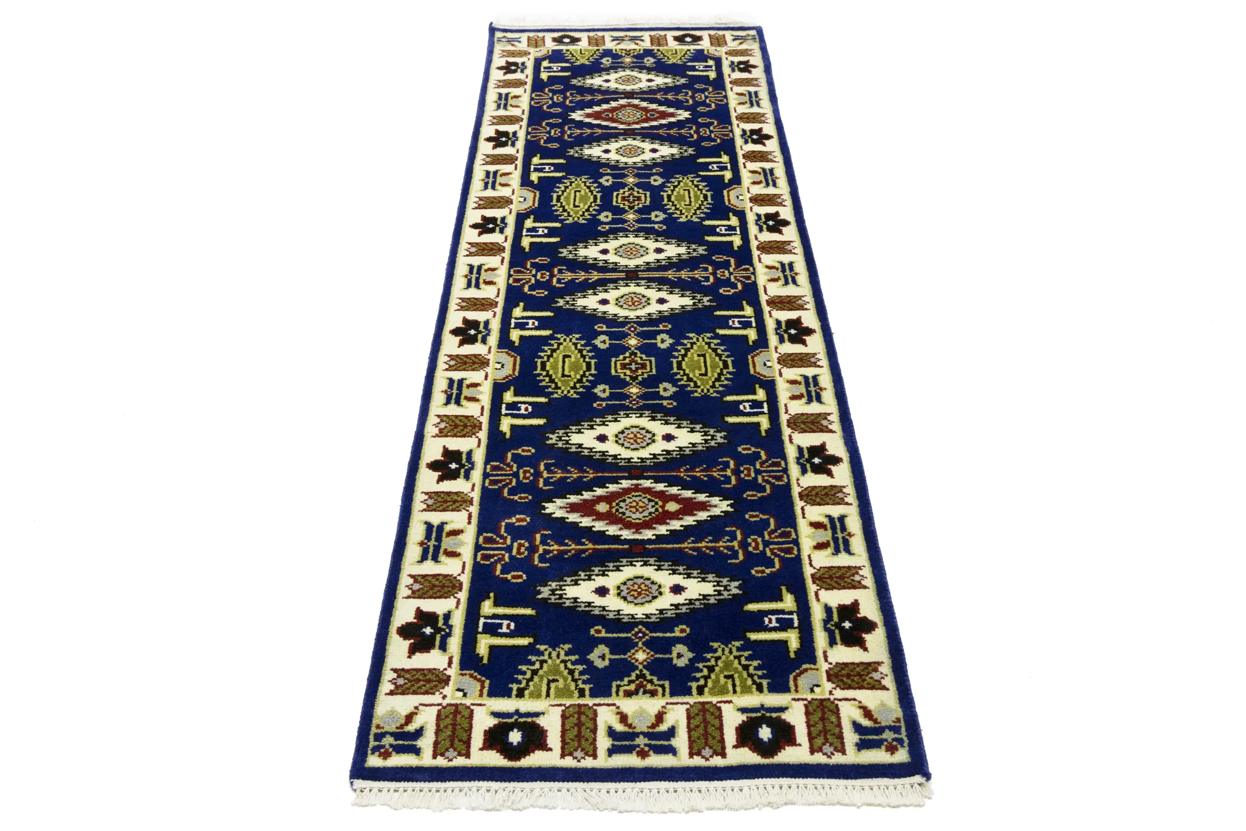 Magic Rugs 2'6 X 8'1 Hand Knotted Navy Geometric Kazak Wool Runner Rug