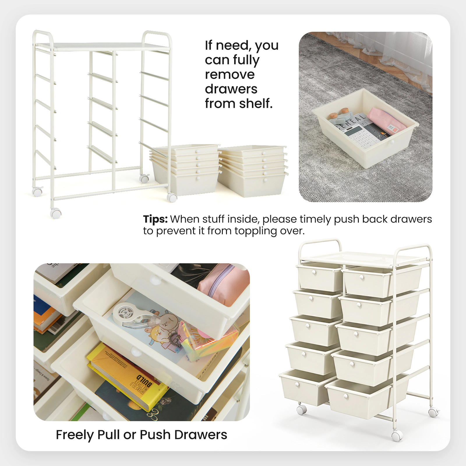 SUGIFT White 10-Drawer Rolling Storage Cart with Uniform 5-in Deep Drawers 26-in W 14.5-in D 34-in H