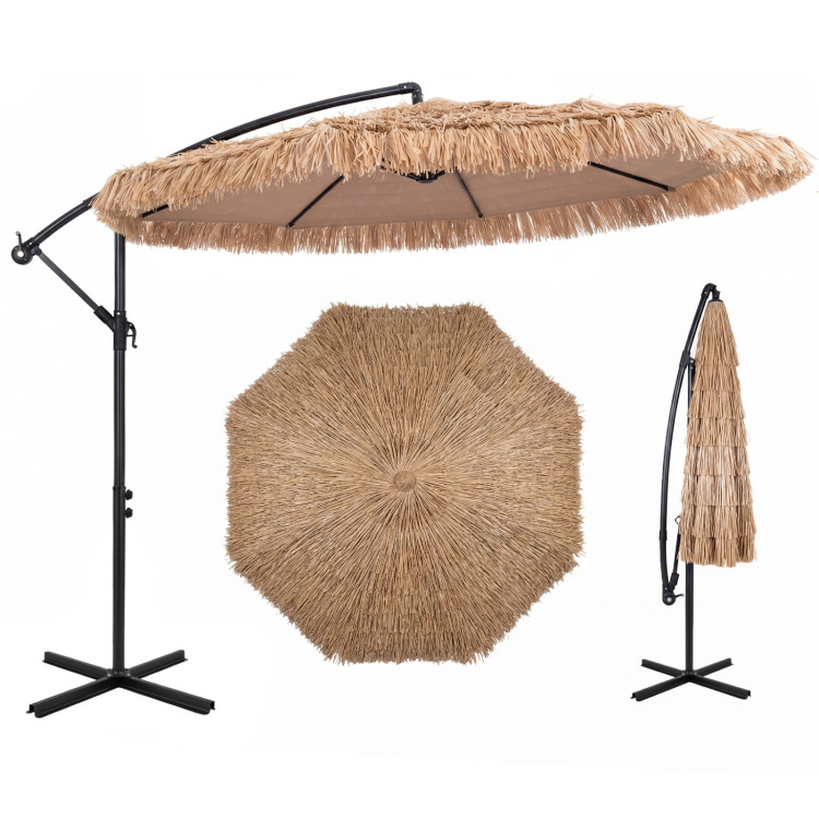 SUGIFT 10-ft Natural Thatched Cantilever Patio Umbrella, Solar Lights, Crank Lift and Infinite Tilt