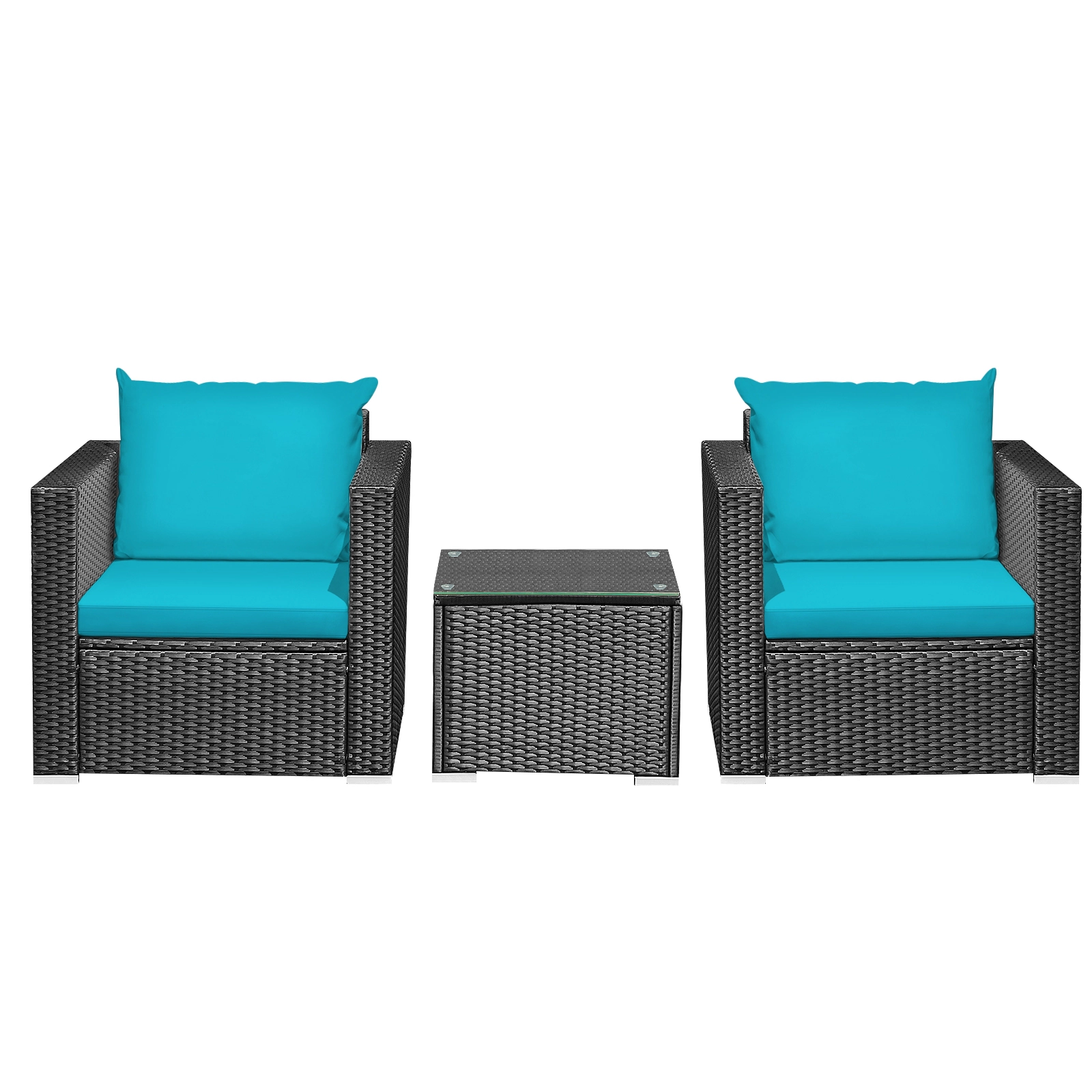 SUGIFT 3-Piece Patio Wicker Conversation Set with Cushions 400-Lb Chair Capacity Turquoise Black Rattan