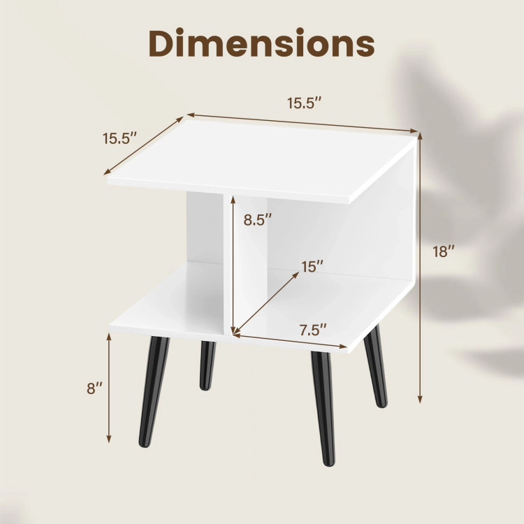 Hivvago 2-Tier Mid Century Modern End Table With 2 Compartments And Metal Legs