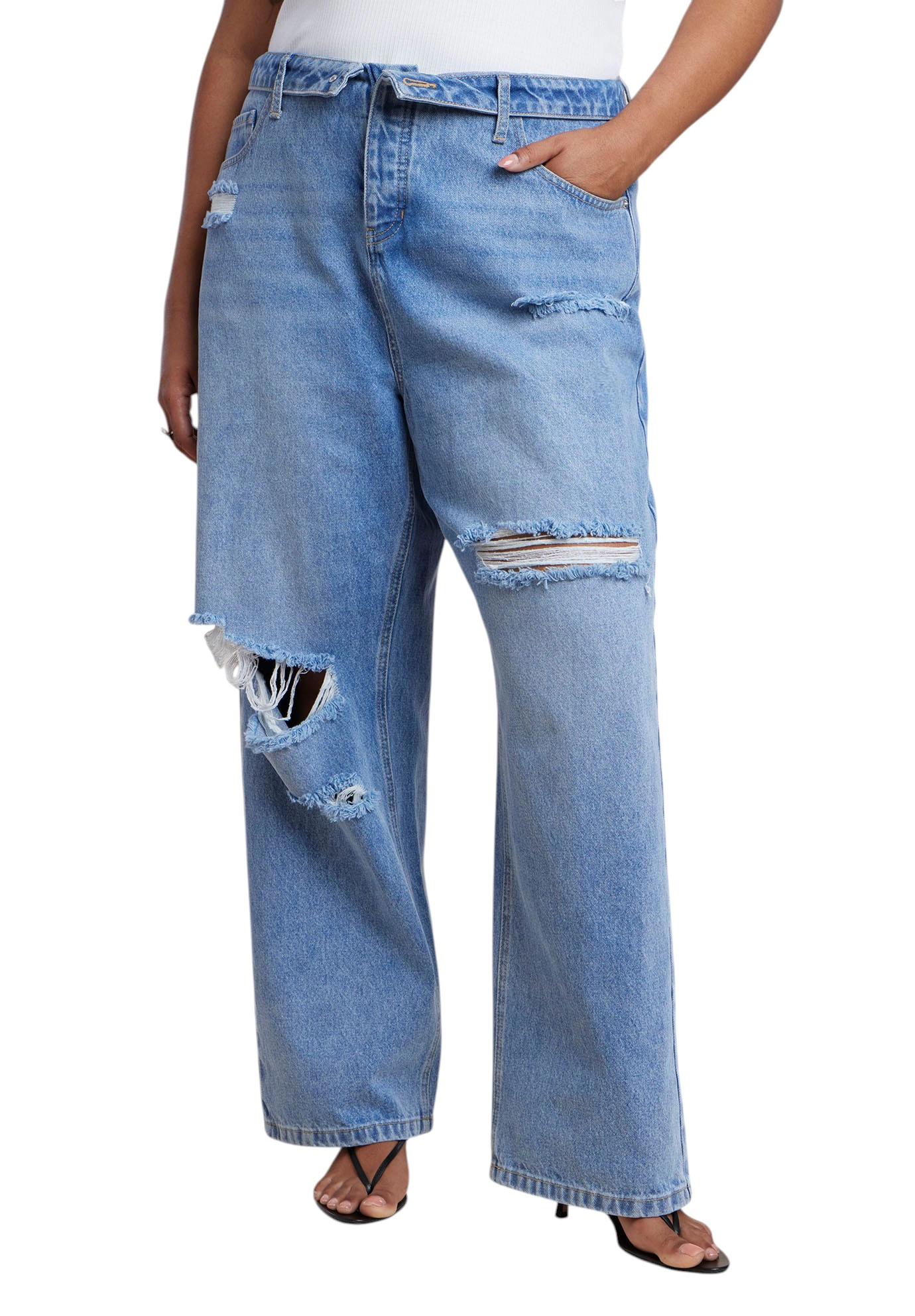 ELOQUII Women's Plus Foldover Waistband Distressed Straight-Leg Jean