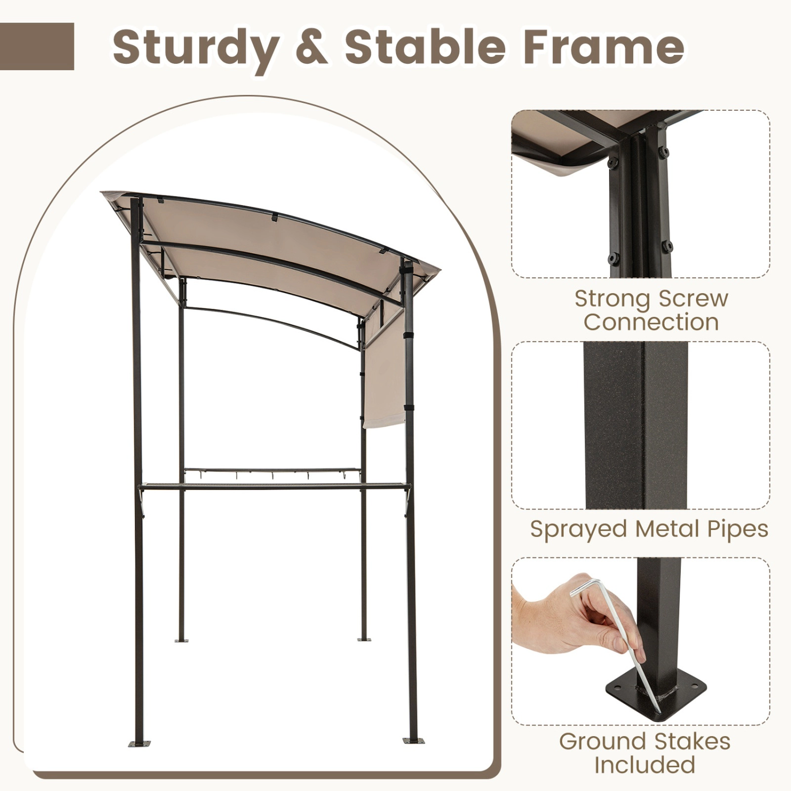 SUGIFT Outdoor BBQ Gazebo Canopy with Sidewall Metal Shelves Hooks and Bottle Openers 7.8 x 4.4 x 6.9 in Brown
