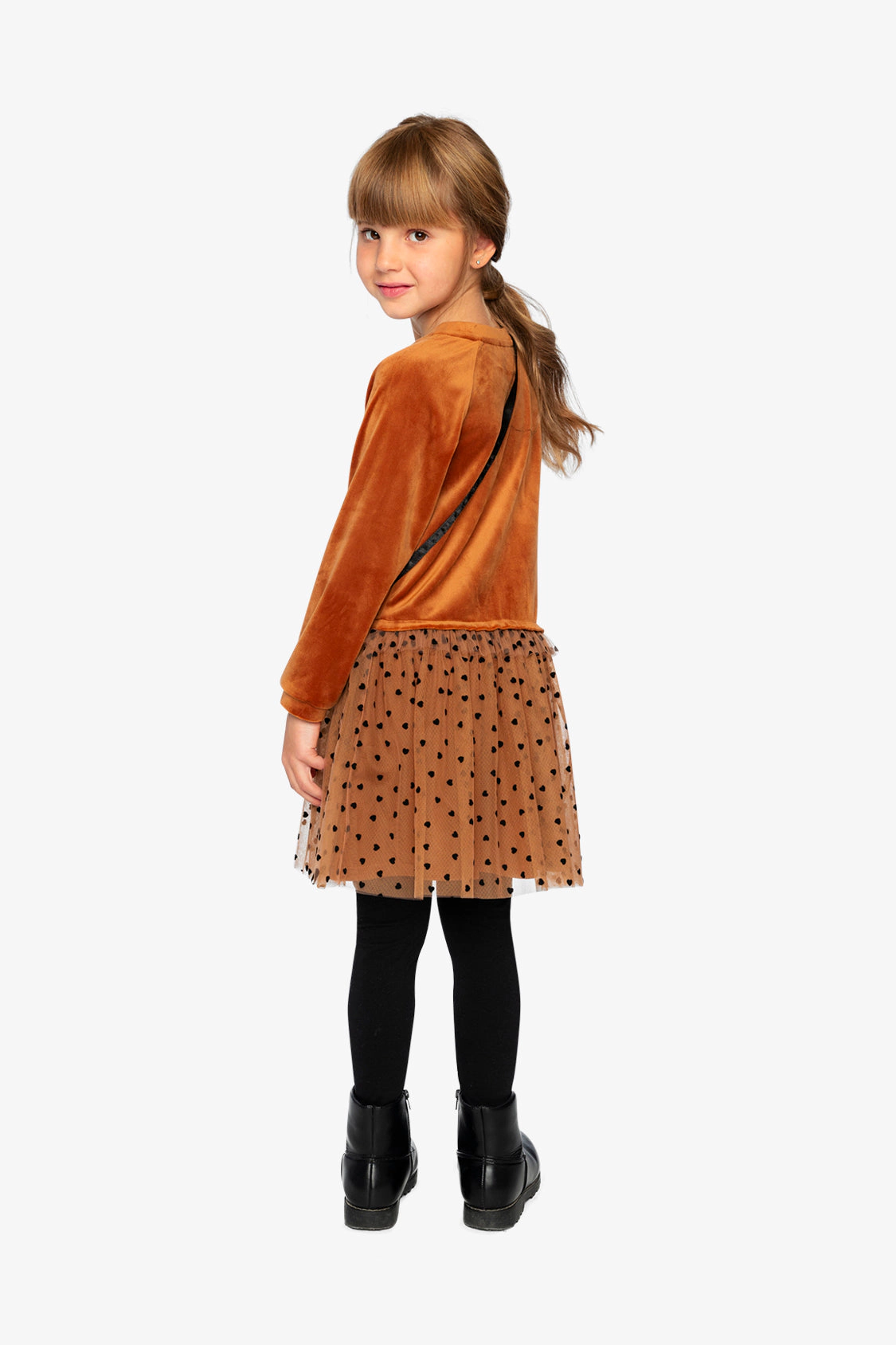 Deux par Girls Polka Dot Mesh Bi-Material Dress with Sequin Crossbody Bag