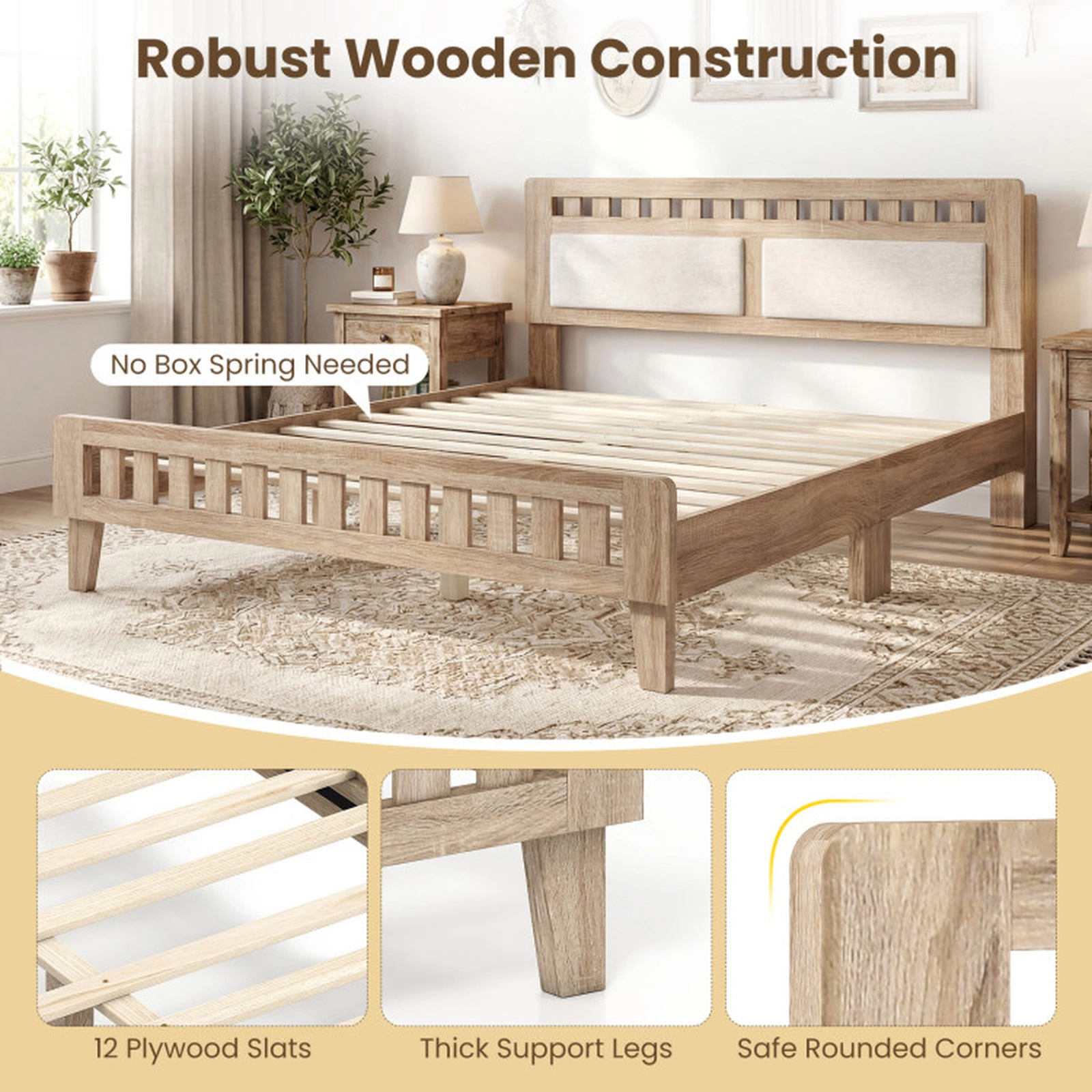SUGIFT Queen Wood Bed Frame Upholstered Headboard 700-Lb Capacity 85-in Length 80 x 61-in Bed Surface Rustic Oak + Beige