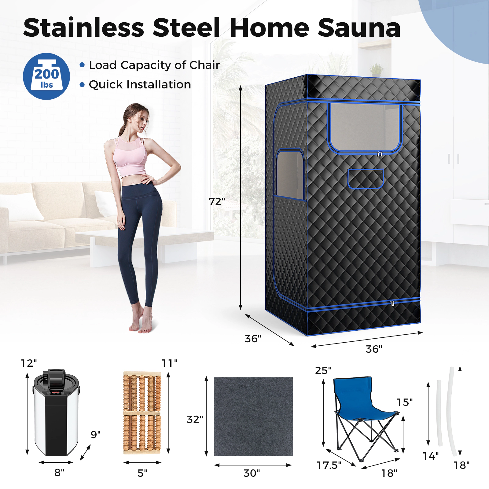 Slickblue Home Steam Sauna Tent with 3L Steam Generator Remote Control Chair Black