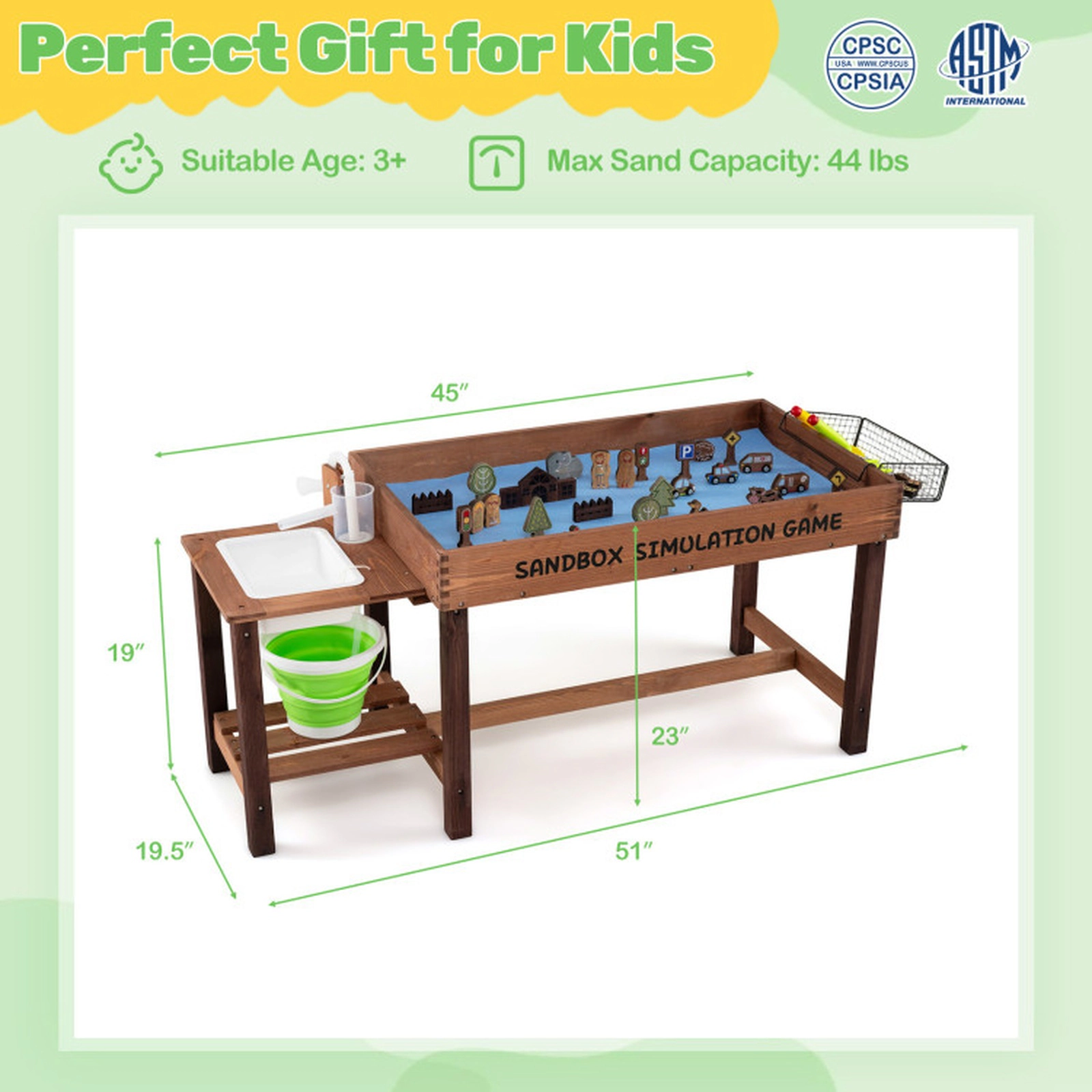 SUGIFT Sensory Table with Water Pump, Sink and 33 Sand Toys Kids Play Kitchen 44-lb Sand Capacity Ages 3+ Coffee & Brown