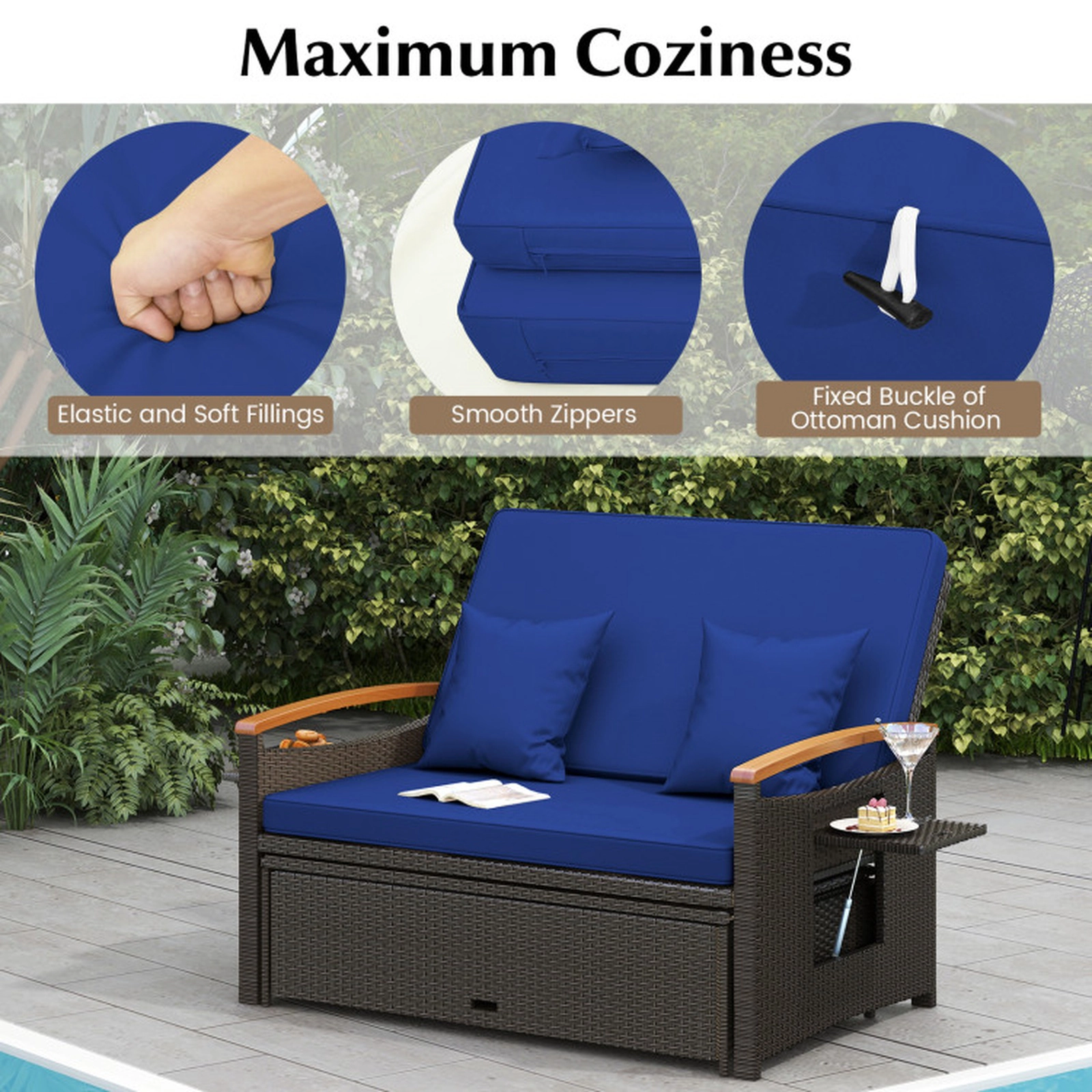 SUGIFT 4-in-1 Outdoor Wicker Chaise Lounge Daybed Loveseat with Folding Panels and Storage Ottoman 800-lb Capacity Navy