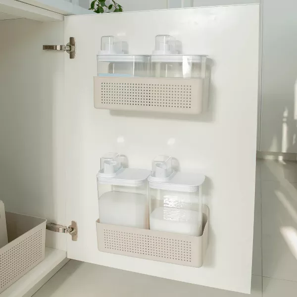 OU Laundry Detergent Dispenser & Wall-Mounted Storage Organizer Set, 2 Pack 77oz Clear Soap with Measuring Cap