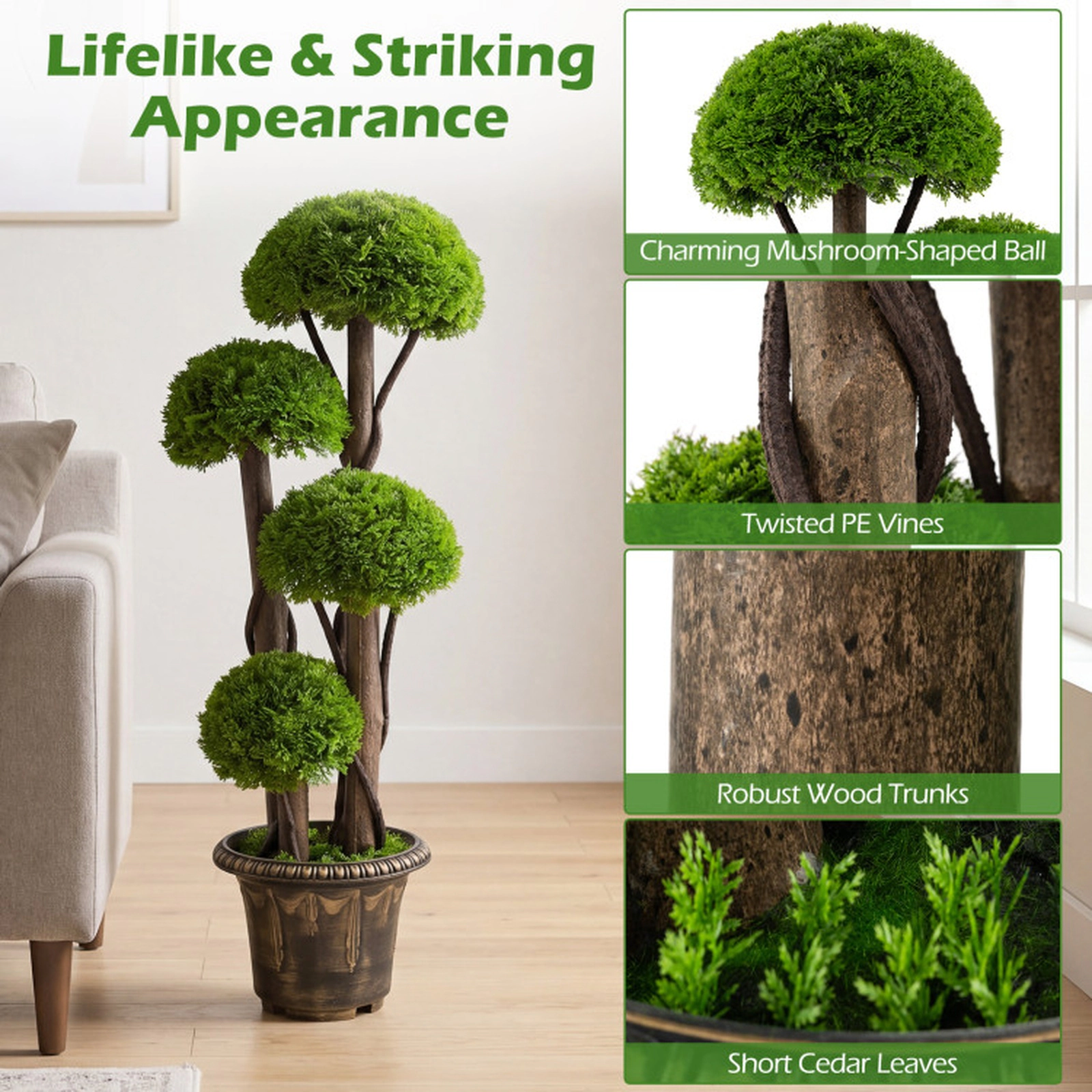 SUGIFT Ball Topiary Artificial Cypress Tree with Spiral PE Vines and Real Wood Trunks 3-ft Green Rustic Brown