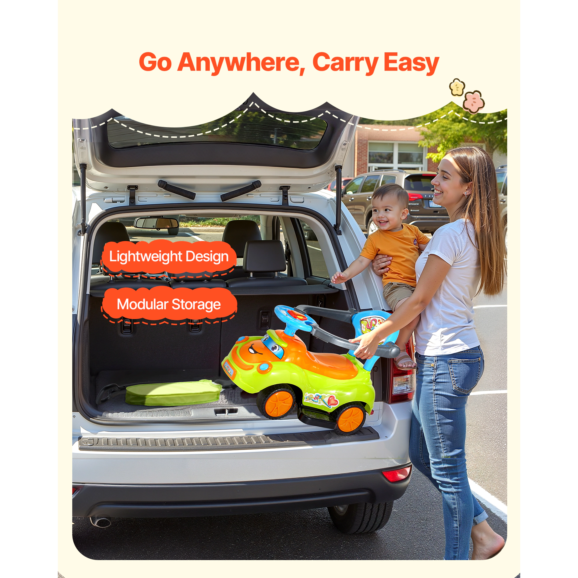 HONGGE 3-in-1 Ride On Push Car for Toddlers 19-36 Months, Foot-to-Floor Walker with Guardrails & Under-Seat Storage