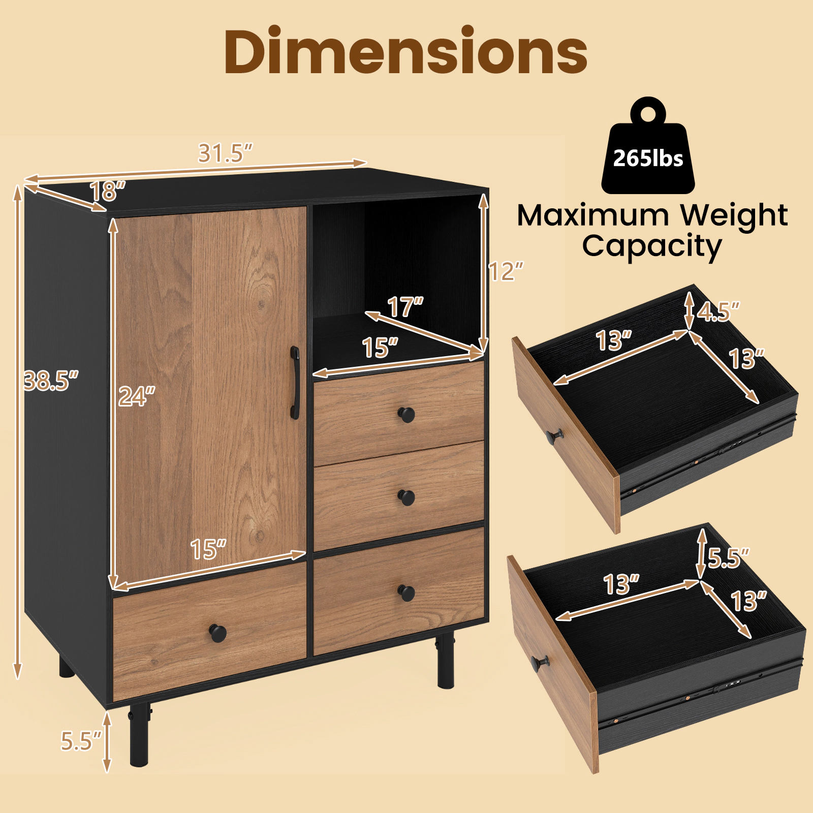 SUGIFT 31.5-in 265-lb Capacity Black Mid-Century Modern Buffet Sideboard with 4 Drawers and Open Compartment