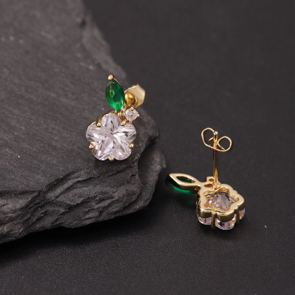 Flower Cubic Zirconia Stud Earring Gold Plated Emerald Leaf Crystal Dainty Earring