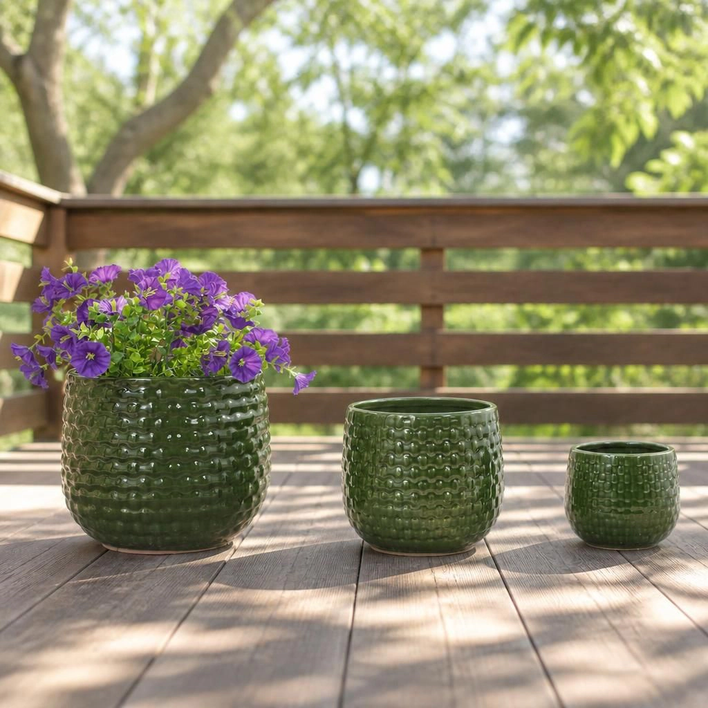 WOW PIONEER Round Ceramic Outdoor Garden Planter Pot for Flowers Succulents Vegetables Herbs Patio Balcony Yard Decor