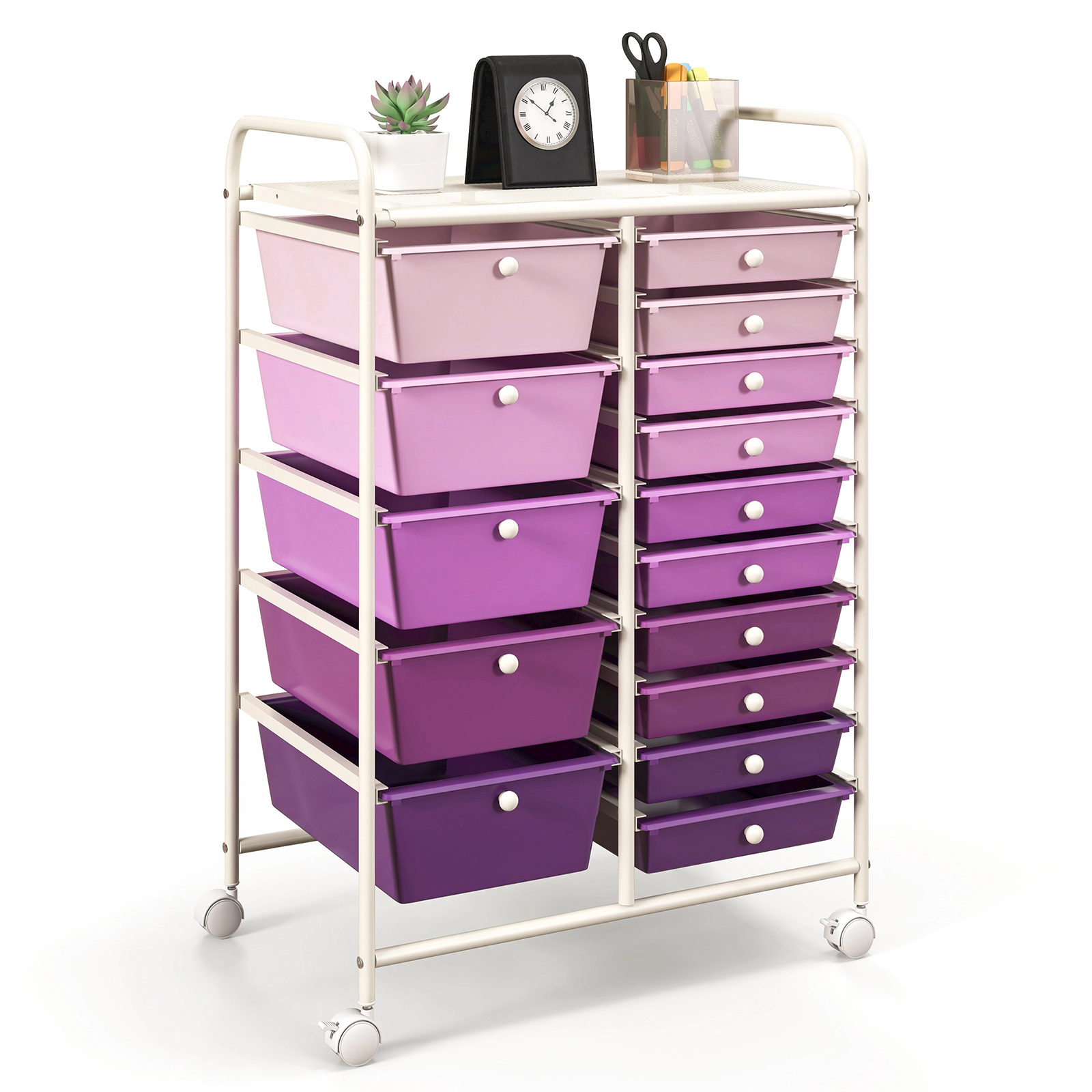 SUGIFT 15-Drawer Rolling Utility Organizer Cart with Removable Plastic Drawers 22-lb Top Capacity Purple