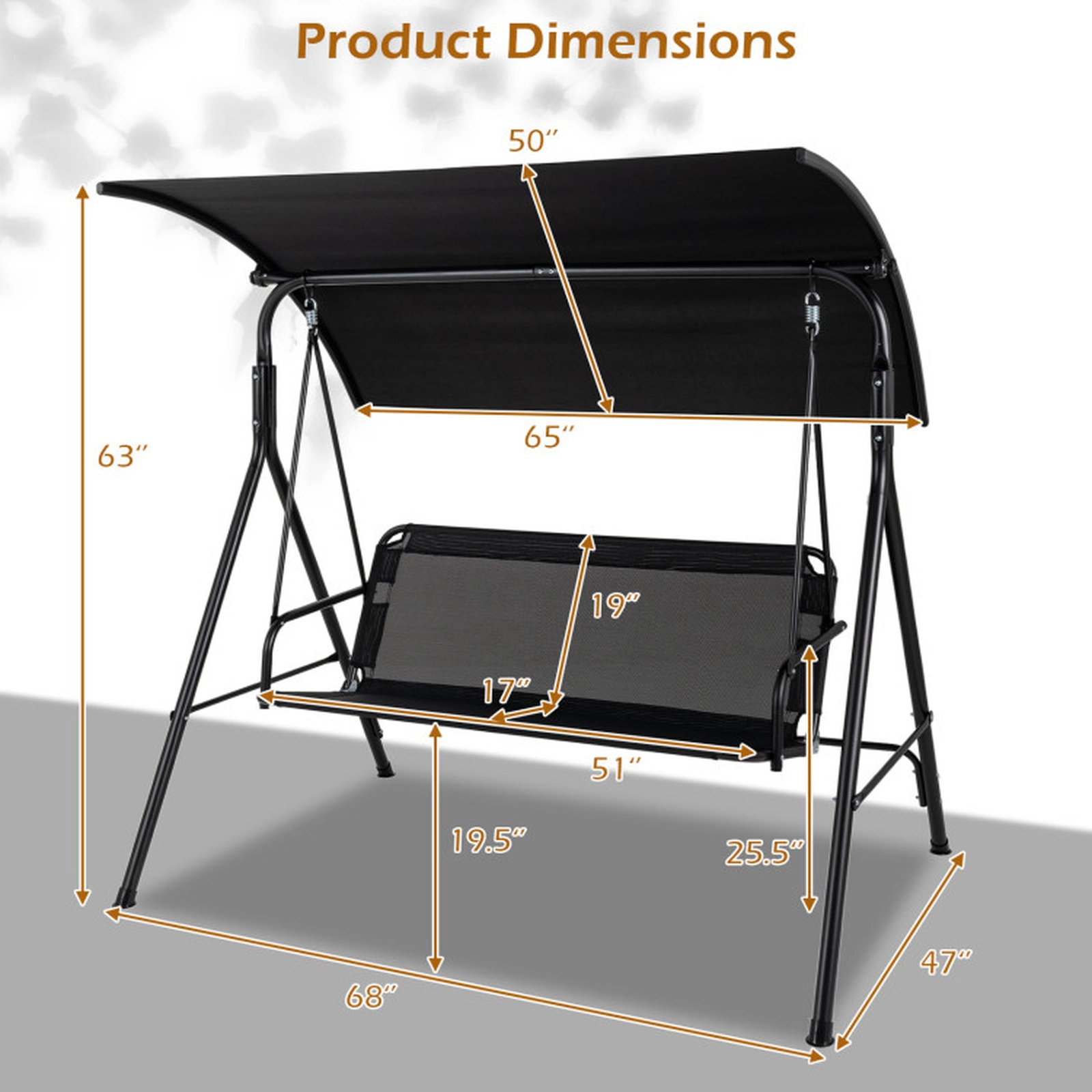 SUGIFT 3-Seat Outdoor Patio Swing Chair with Adjustable Canopy 800-lb Capacity Breathable Mesh Fabric Beige/Black