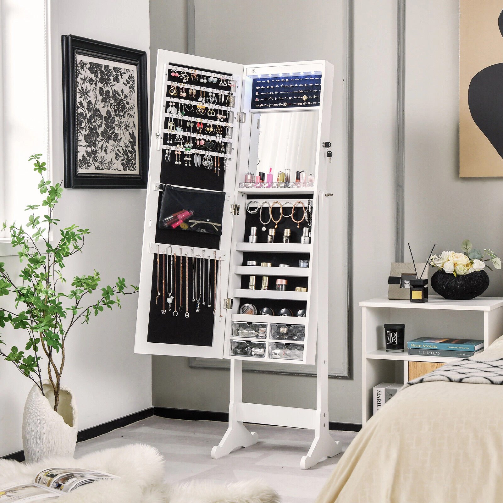 SUGIFT White Free Standing Full-Length Jewelry Armoire with LED Lights 4-Level Tilt and Lockable Mirror