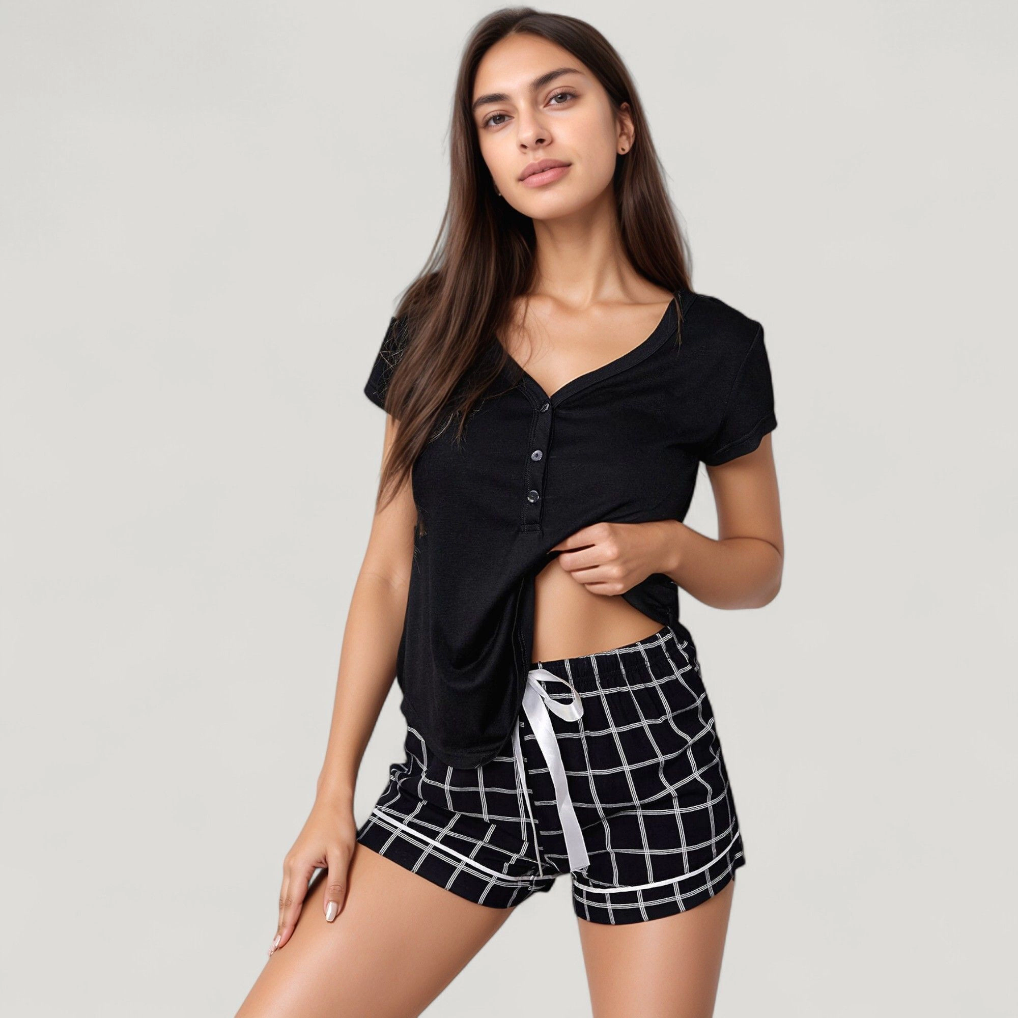 Anna-Kaci Women's Short Sleeve Button Front Sleep Shirt and Plaid Drawstring Lounge Shorts Pajama Set