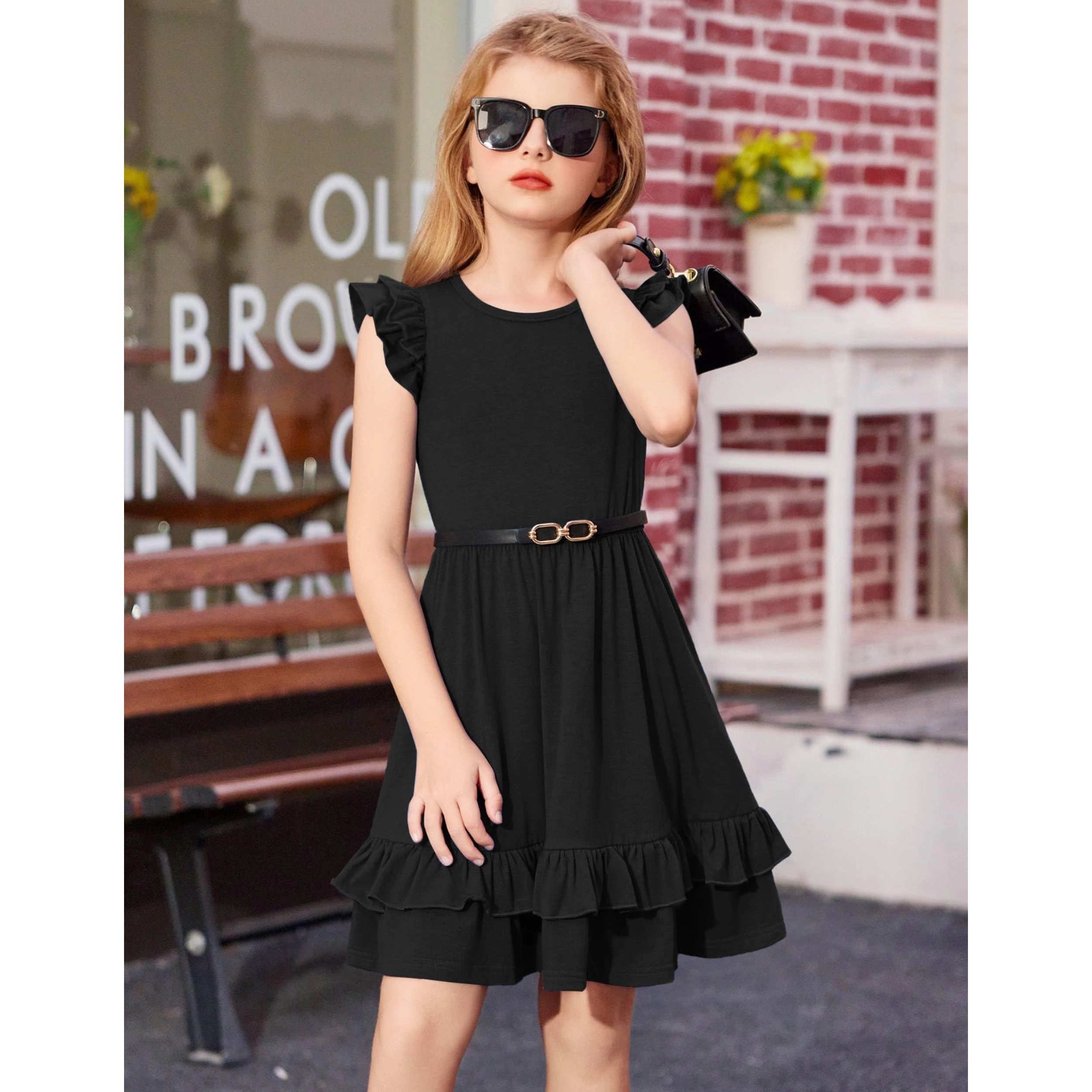 Arshiner Girls Dress Casual Boho Ruffle Sleeve Aline Flowy Summer Sundress With Pockets