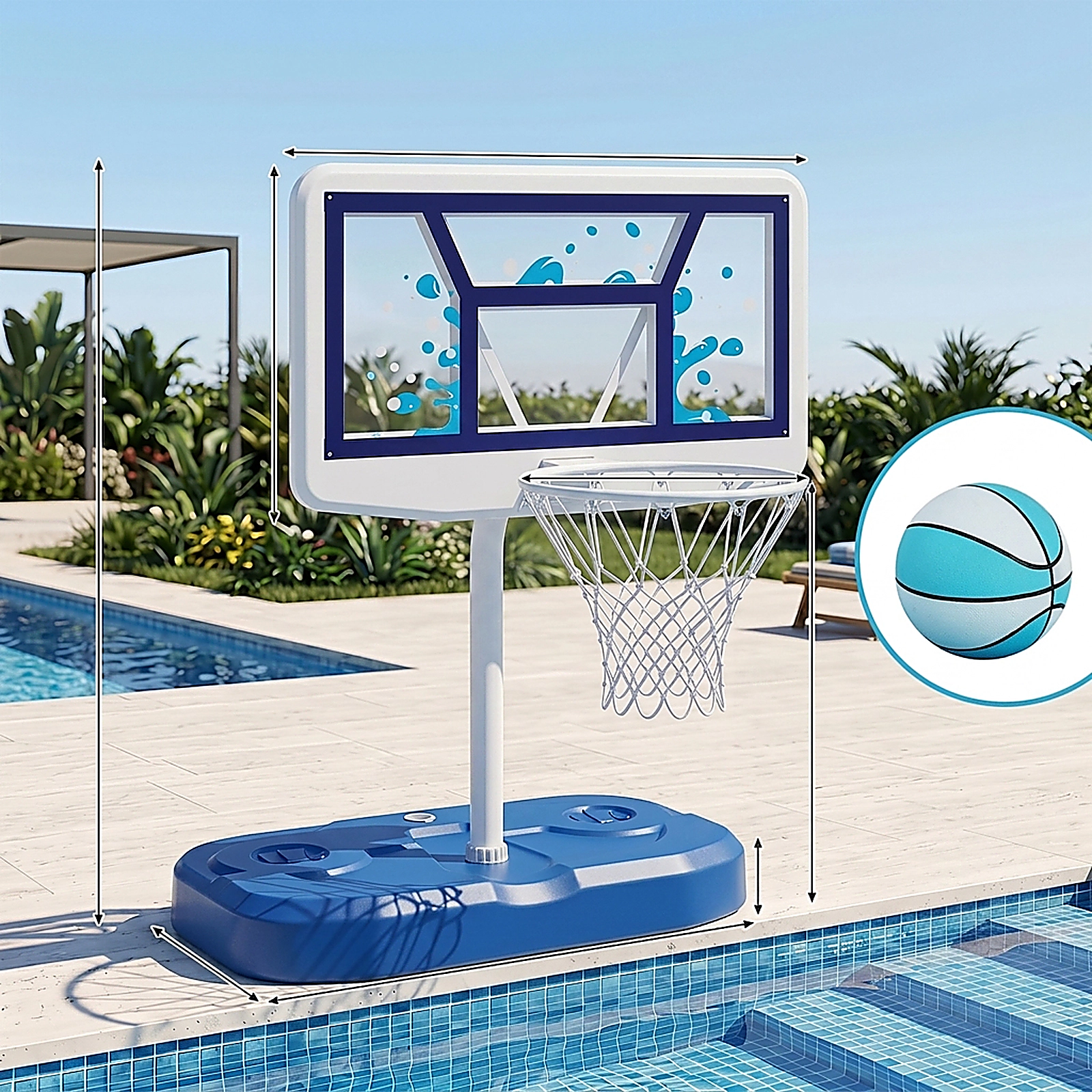 SUGIFT Kids Navy Pool Basketball Hoop Set with Shatterproof PC Backboard and 2 Balls 18-in Rim Dia 5-ft H