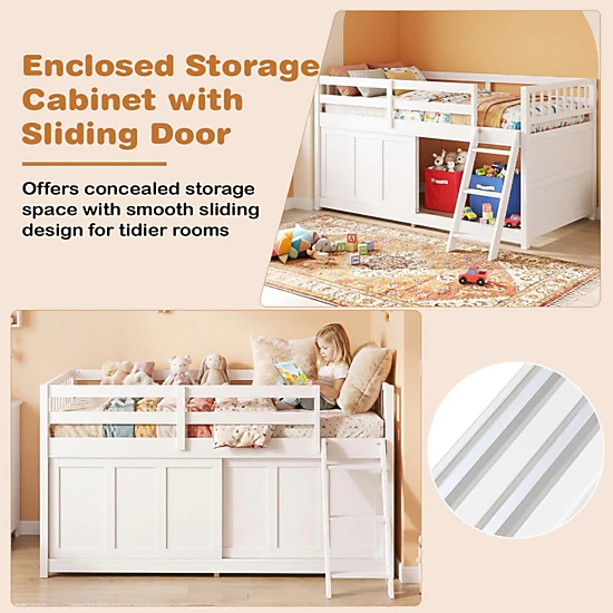 SUGIFT Twin Low Loft Bed with Storage Cabinet, Sliding Door and ...
