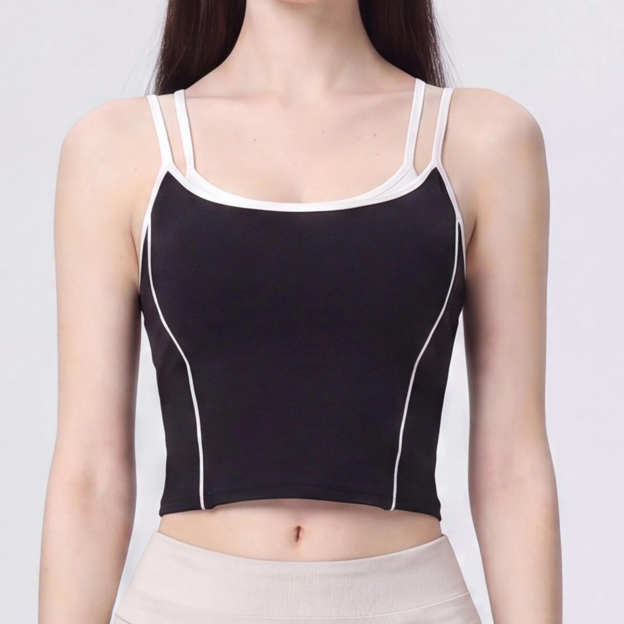 Anna-Kaci Women's Contrast Trim Double Strap Cropped Cami Tank Top with Fitted Light Support Activewear Design