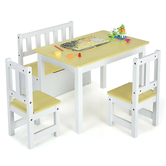 SUGIFT 4-Piece Kids Wooden Activity Table and Chairs Set with Storage Bench 110-lb Capacity Ages 3-5 Gray/Natural
