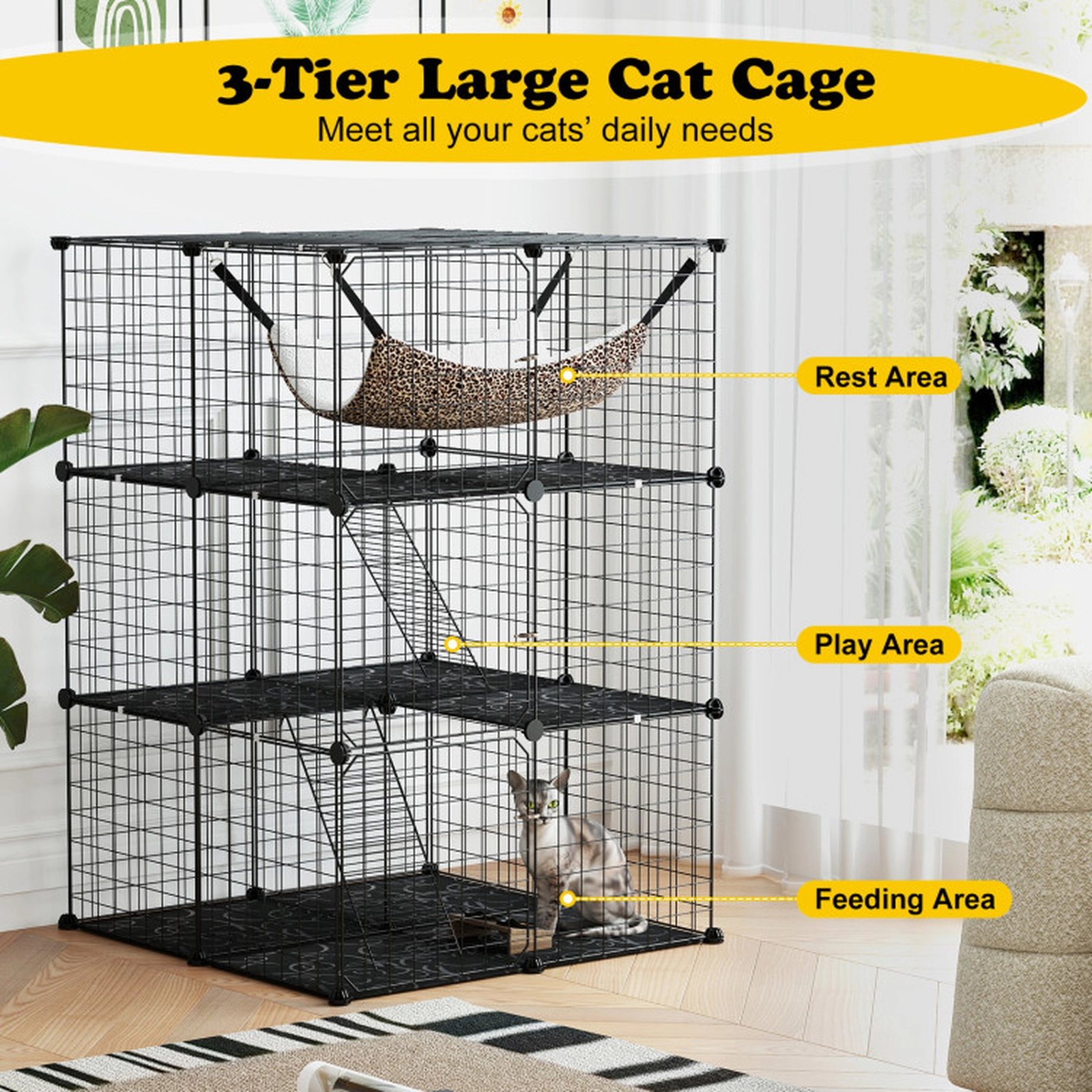 SUGIFT 3-Tier Indoor Cat Cage Black Detachable Metal Wire Enclosure with Hammer and Panels