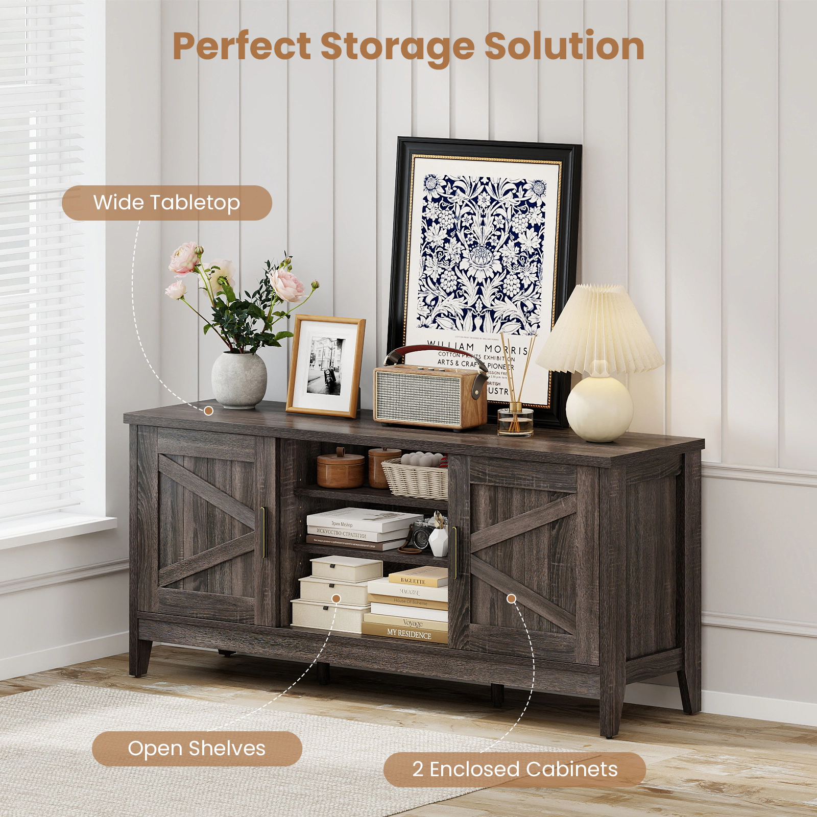 Glintex 54-Inch Farmhouse TV Stand with Barn Doors and 7-Position Shelves, Gray