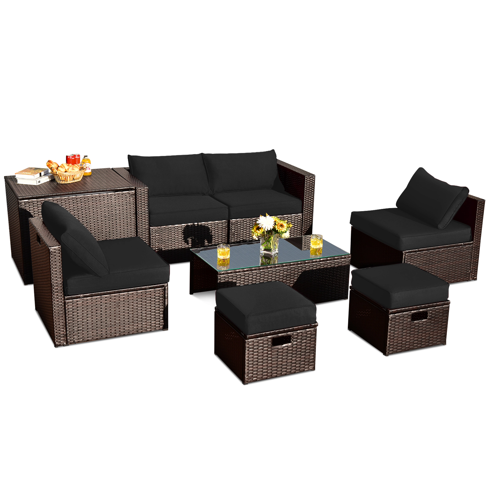LJG 8 Pieces Patio Space-Saving Rattan Furniture Set with Storage Box and Waterproof Cover