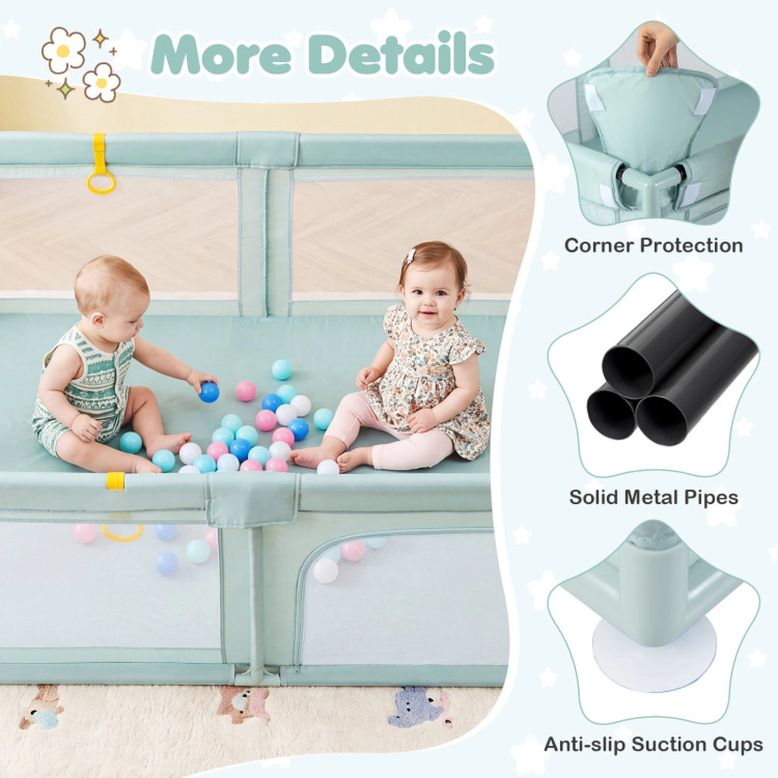 SUGIFT Baby Playpen with 50 Ocean Spheres Breathable Mesh Zippered Door Baby Playard Ages 10 Months-6 Years Blue