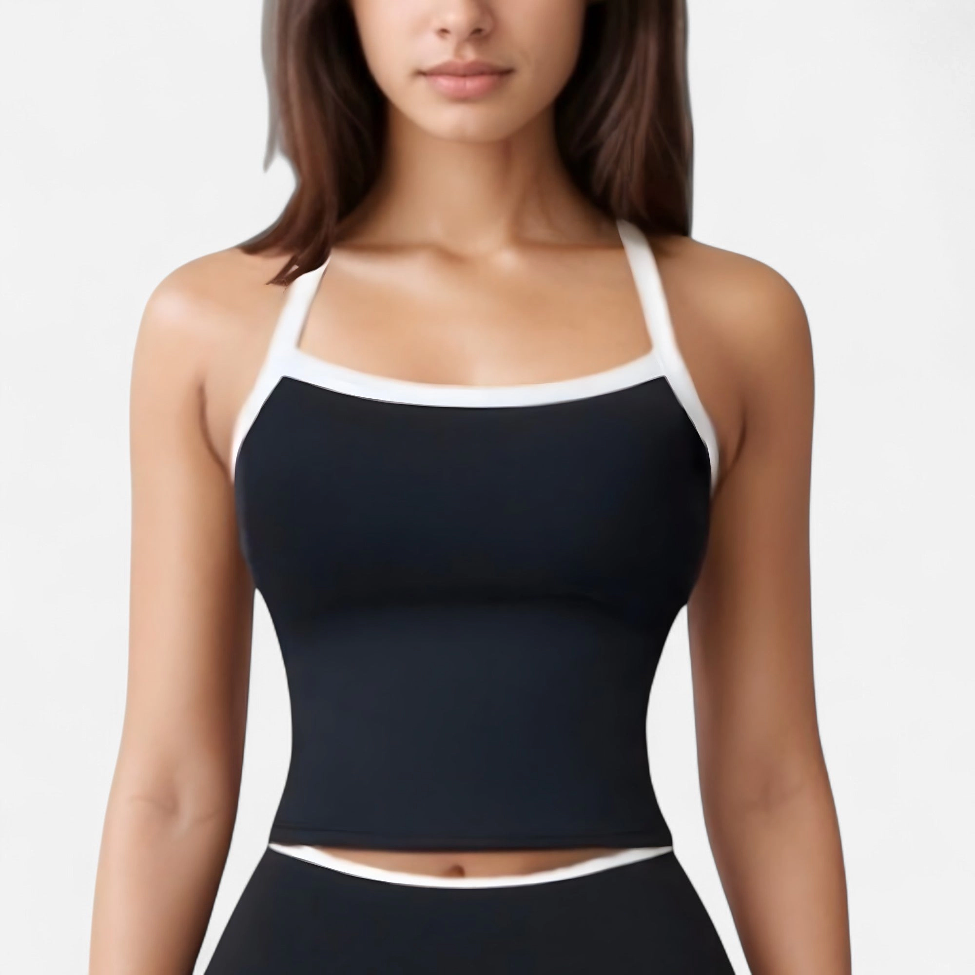 Anna-Kaci Womens Square Neck Contrast Trim Cropped Active Tank with Built-In Bra