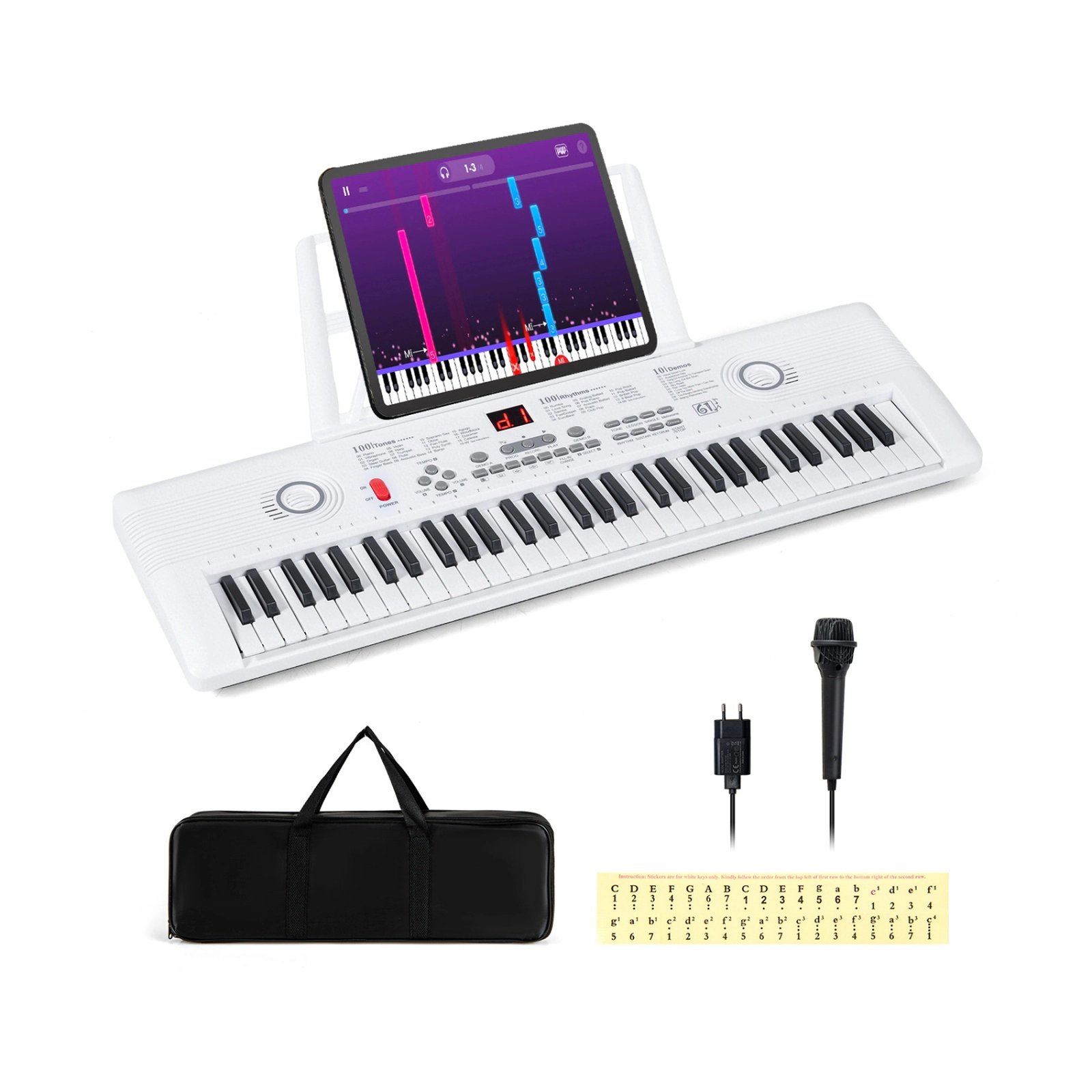 SUGIFT White 61-Key Portable Electric Digital Keyboard Piano with Mic Input Earphone Output and Carry Bag