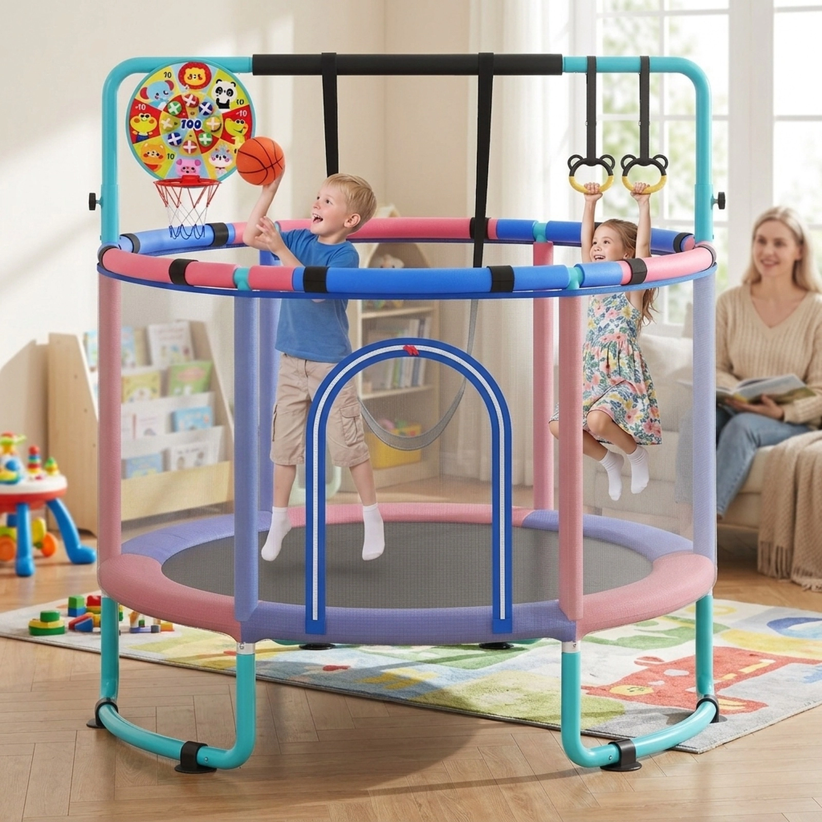 60-in 6-in-1 Kids Trampoline Basketball Hoop Gymnastics Bar Swing Hanging Rings Dart Board Navy Ages 3+