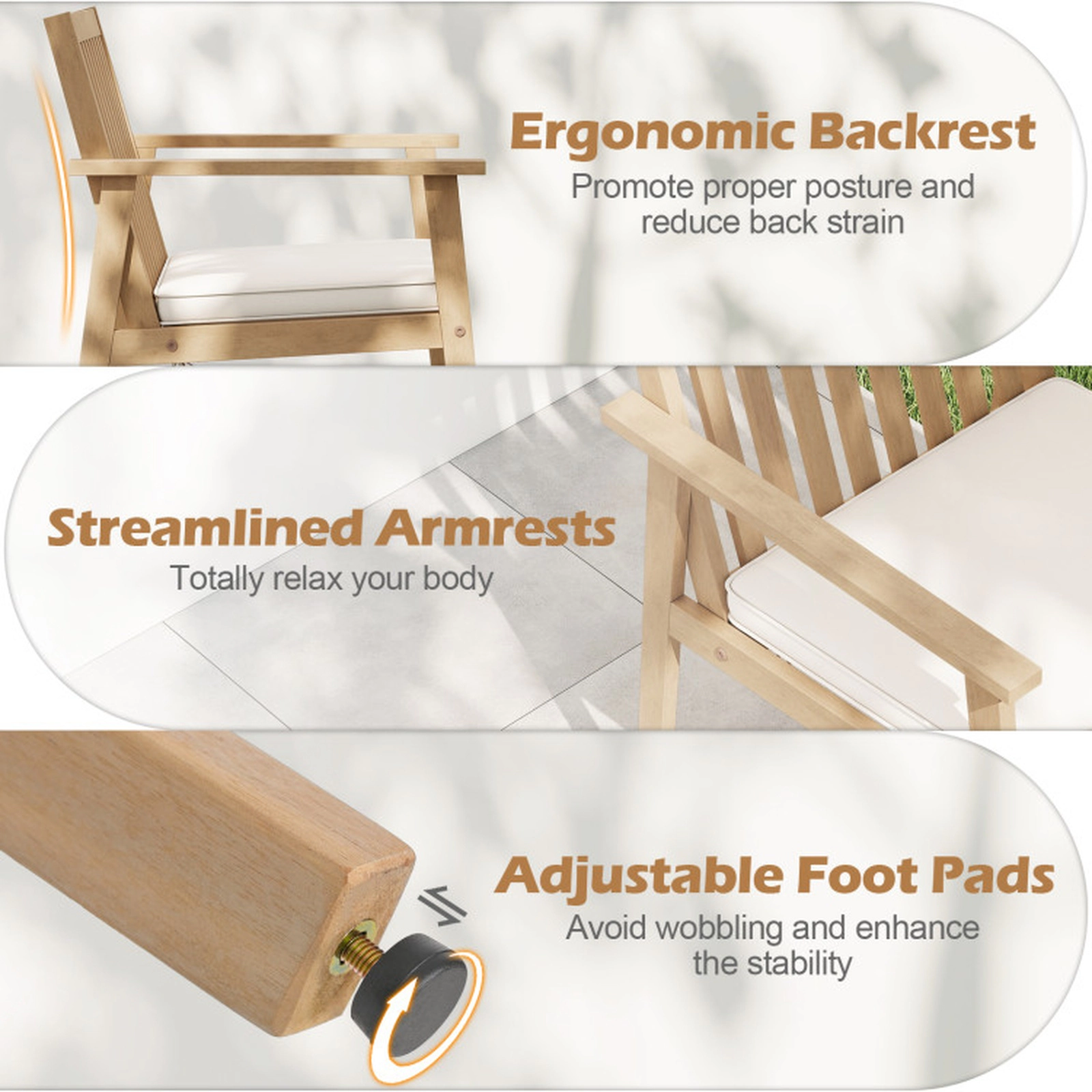 SUGIFT Set of 2 Natural Acacia Wood Outdoor Patio Dining Armchairs with Removable Padded Cushions