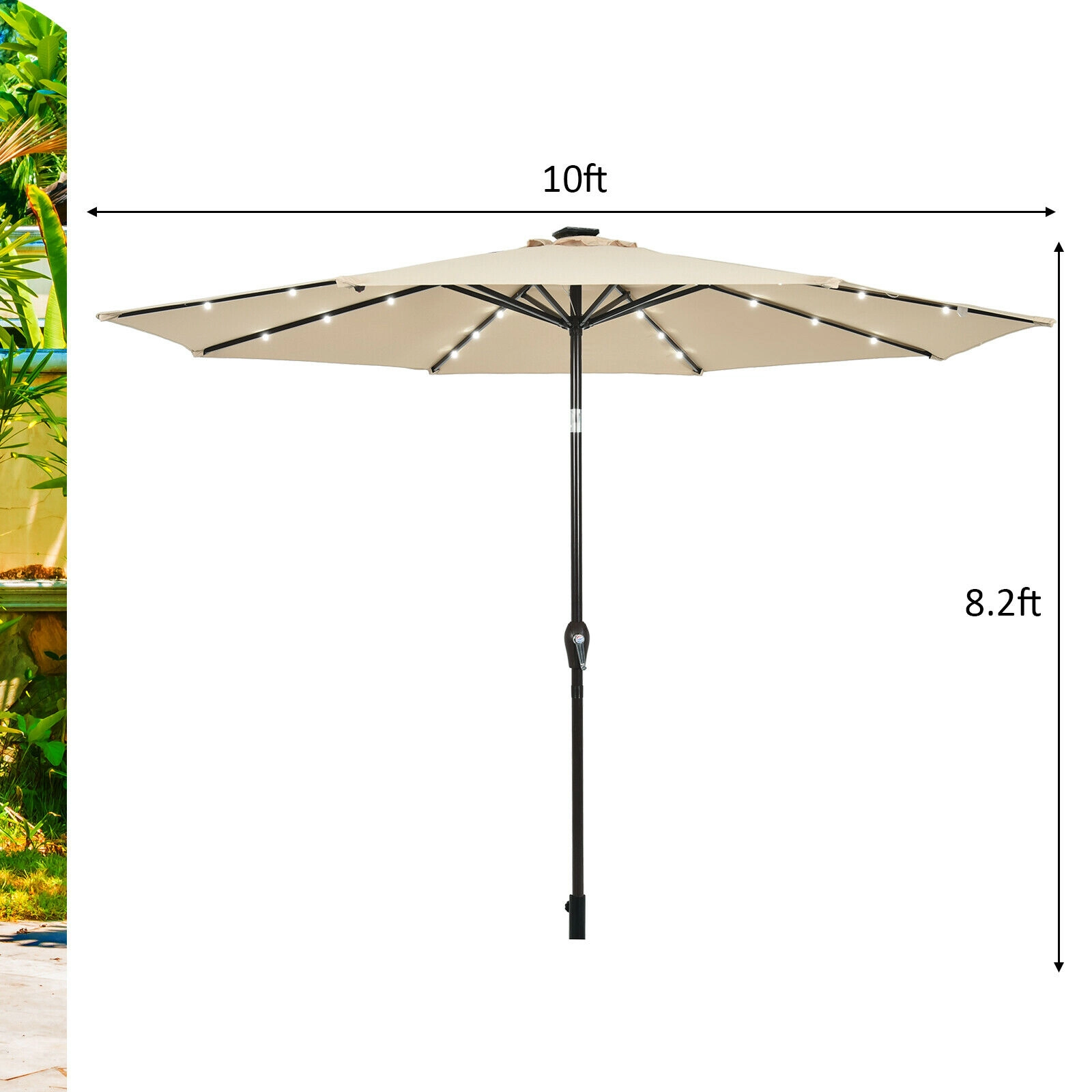SUGIFT 10-ft Solar LED Lighted Patio Market Umbrella with Crank Lift Push-Button Tilt 24 Lights 10-ft Canopy Beige