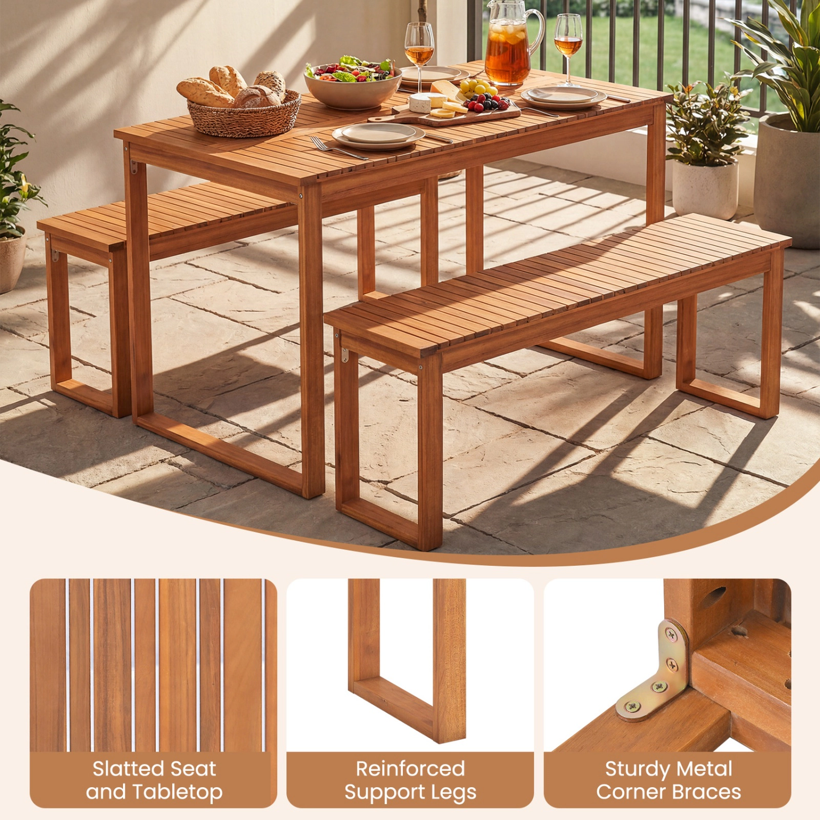 SUGIFT Set of 2 43.5-Inch Natural Acacia Wood Outdoor Benches
