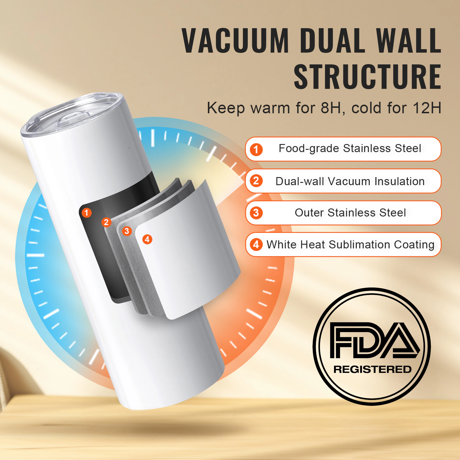 HONGGE Sublimation Tumblers 20oz Skinny Straight Stainless Steel Sublimation Tumblers Blank Stainless Steel Double Wall