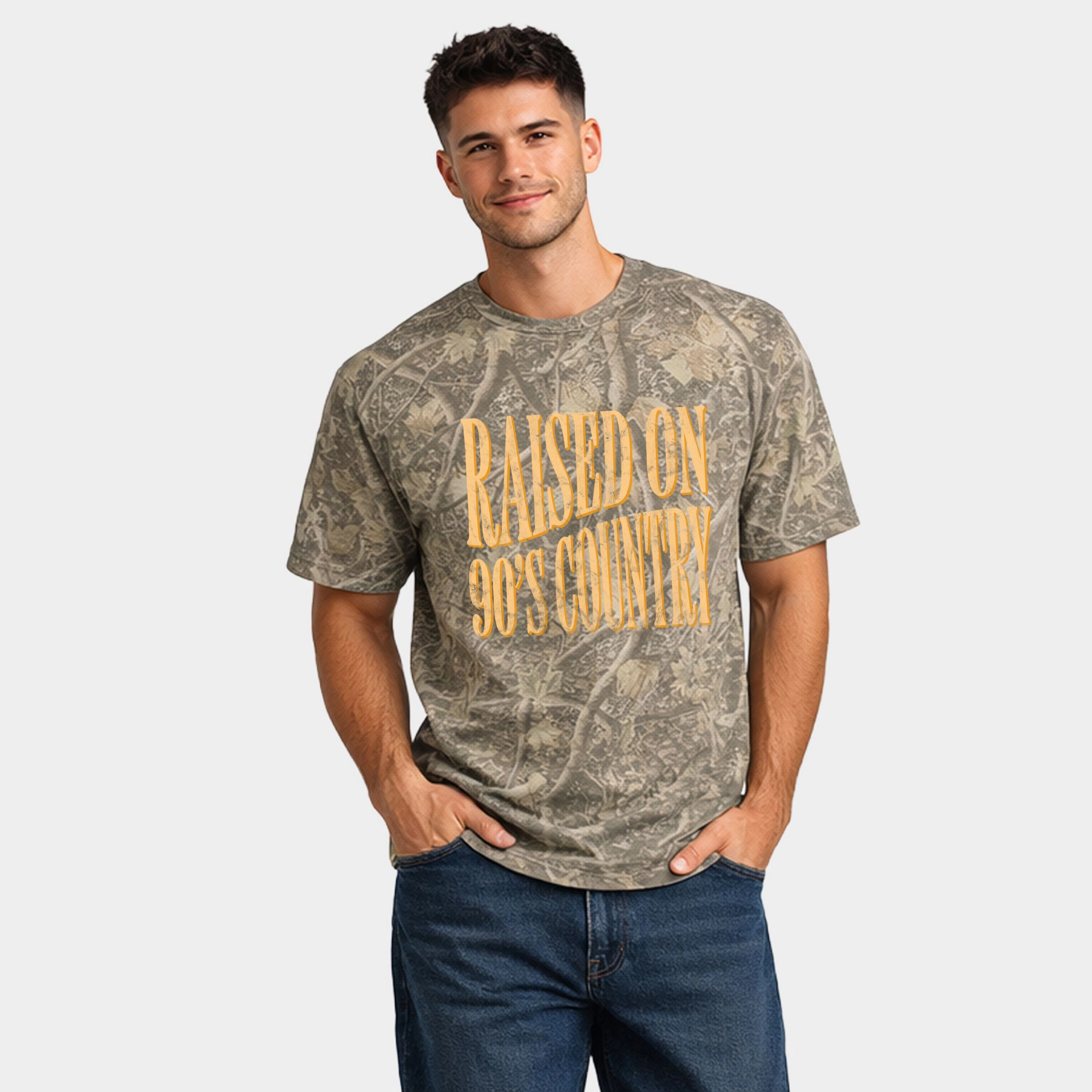 Simply Sage Market - Men's Heavyweight Camo Tee Raised on 90s Country Distressed