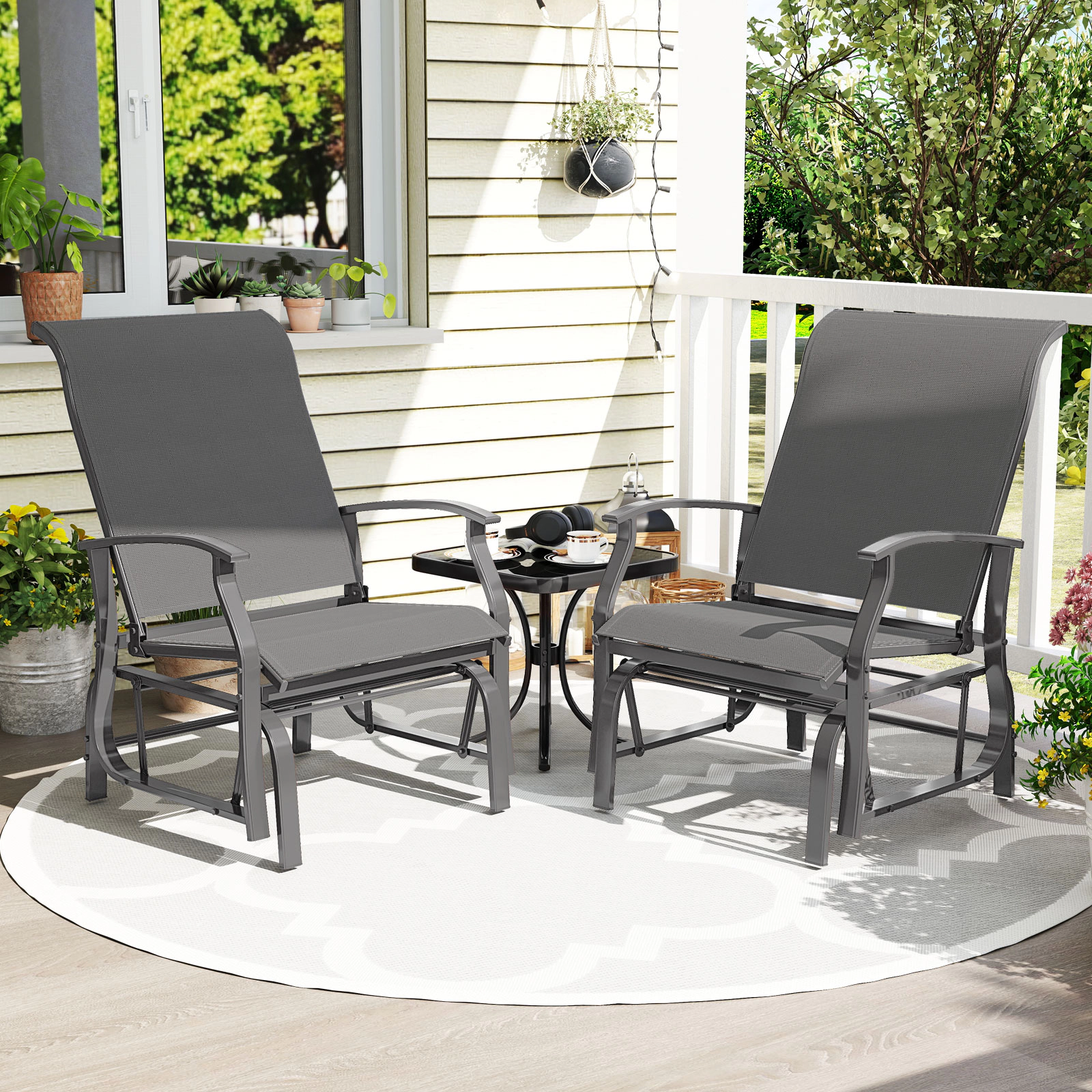 SUGIFT Outdoor Glider Chairs Set of 2 Gray with Tall Ergonomic Backrest