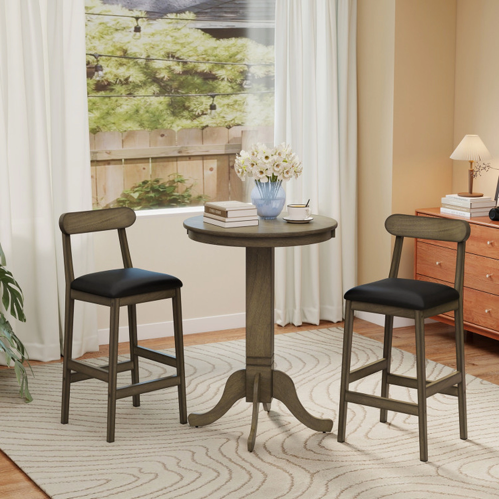 SUGIFT Upholstered Bar Stools with Curved Backs and Footrests 330-lb Capacity 29.5-in Seat Height Oak + Black