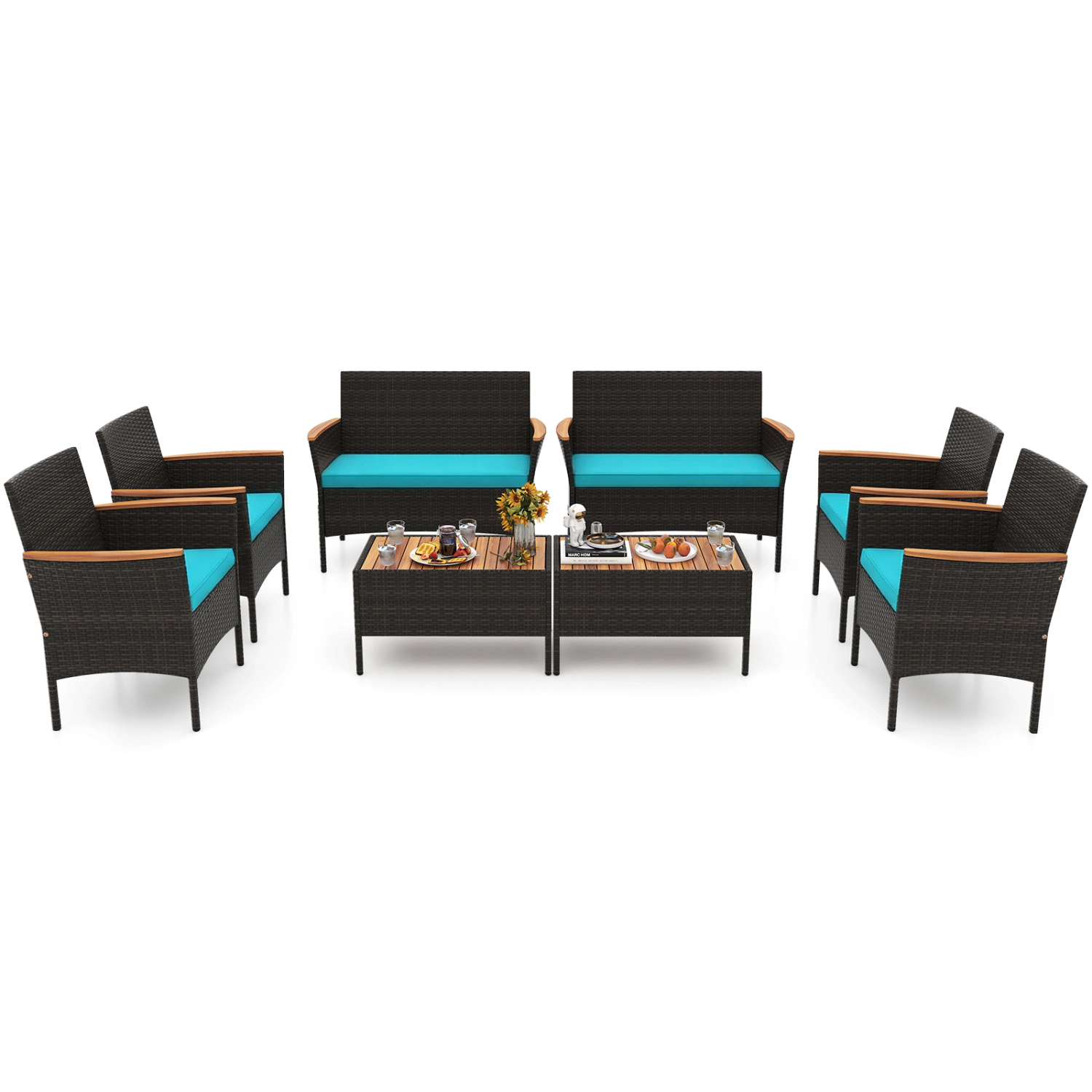 LJG 8 Piece Patio Wicker Sofa Set 4 Rattan Chairs and 2 Loveseat with 2 Table